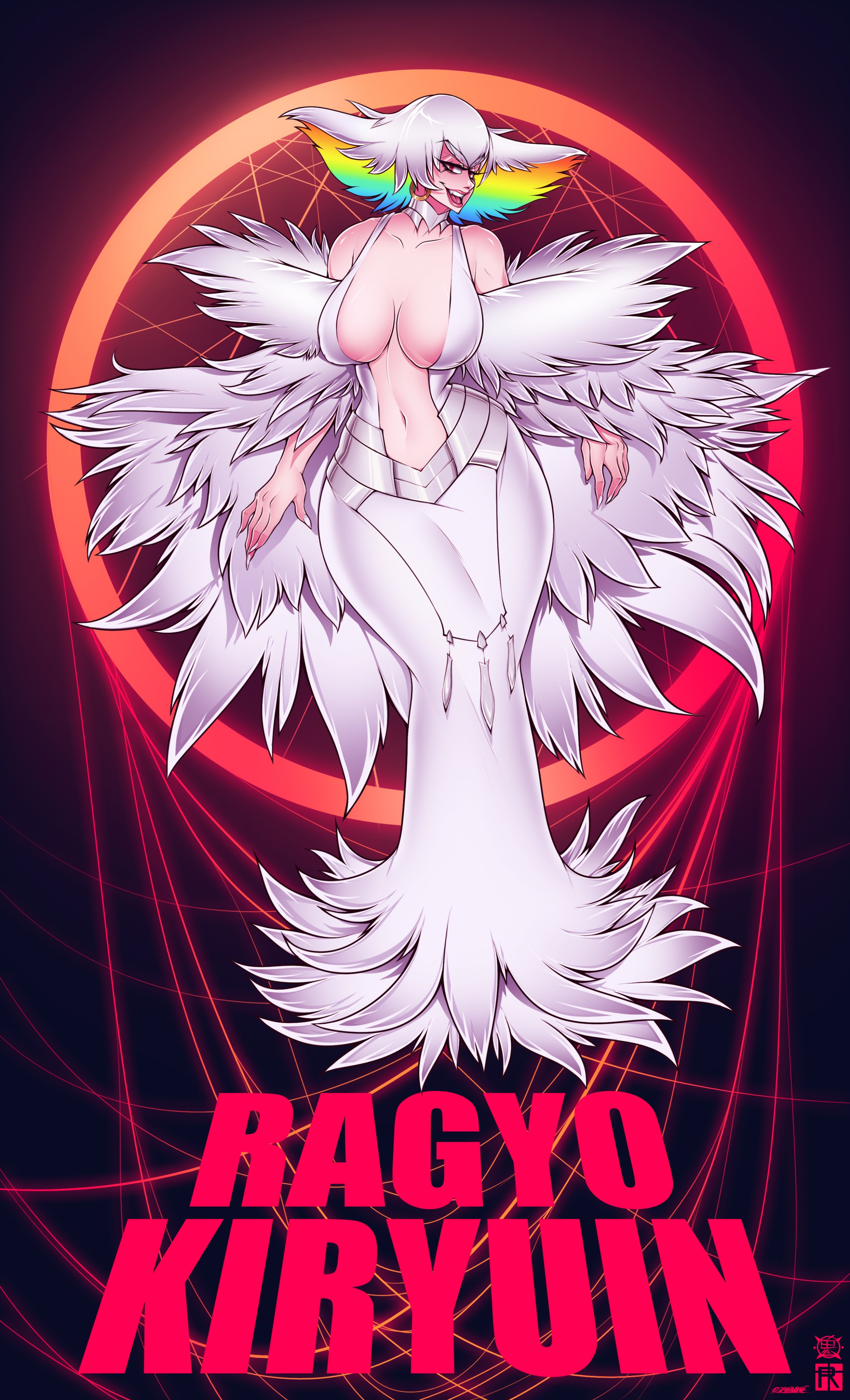 1girls, breasts, collar, d3monone, dress, earrings, female, female focus, female only, hips, hourglass figure, huge breasts, kill la kill, kiryuuin ragyou, milf, mother, rainbow hair, red eyes, revealing clothes, thick thighs, white hair