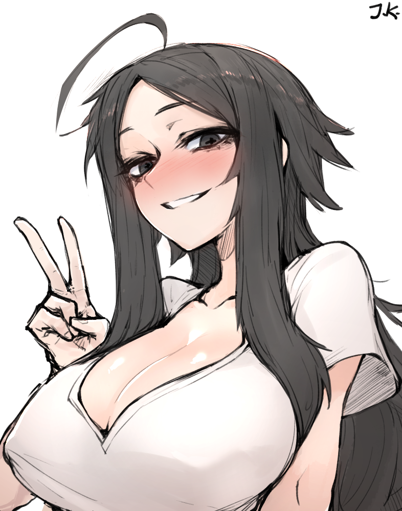 1girl 1girls 2d 2d_(artwork) blush breasts female female_only j.k. light-skinned_female light_skin looking_at_viewer nipple_bulge nipples peace_sign v_sign watermark