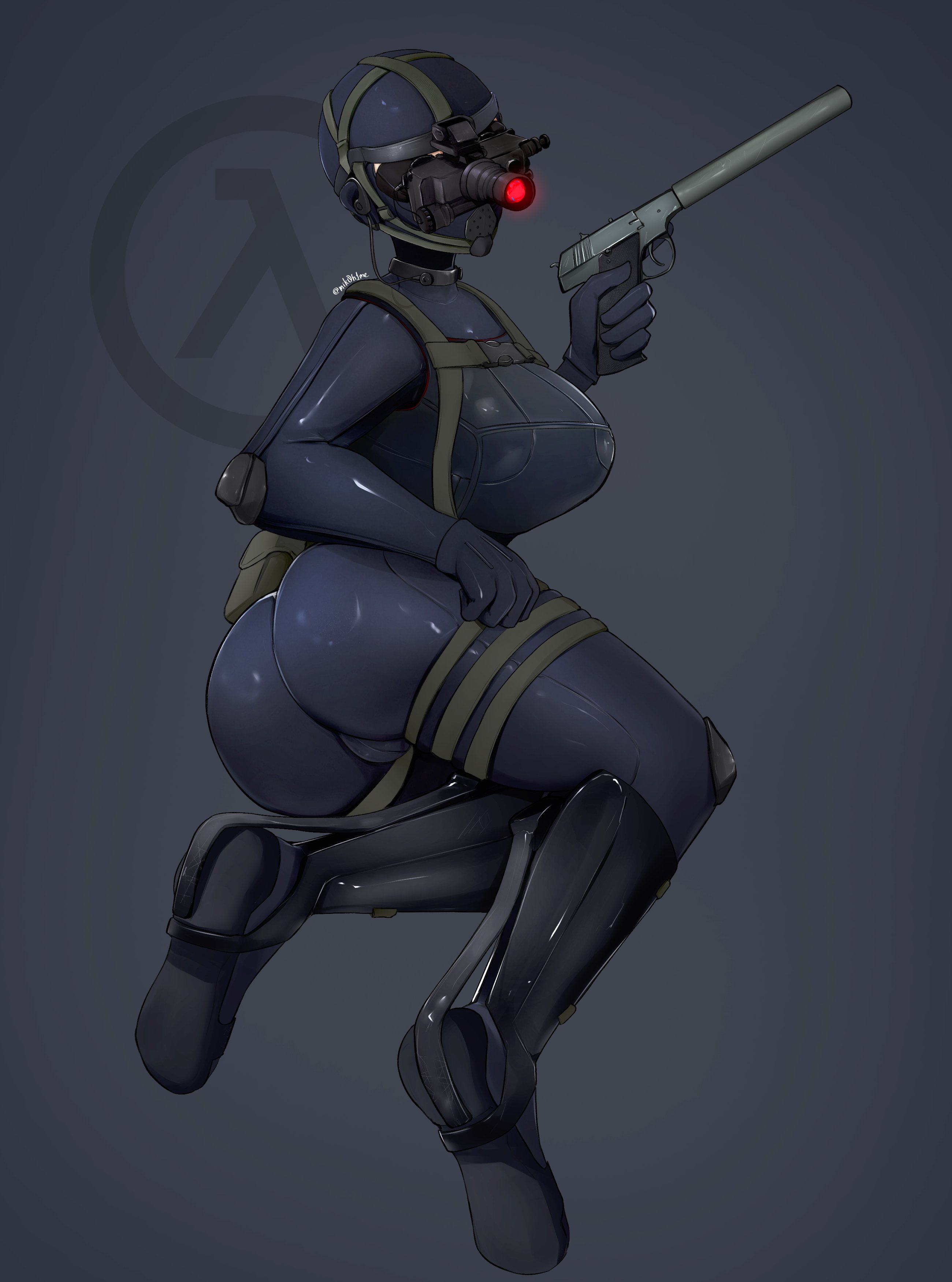 1girl, 1girls, 2026, ass, assassin, big ass, big breasts, black ops (half-life), black ops assassin, bodysuit, breasts, cameltoe, female, female focus, female only, gun, half-life (series), latex, mikohime, military, silencer, skin tight, solo, solo female, tactical gear, valve, visor