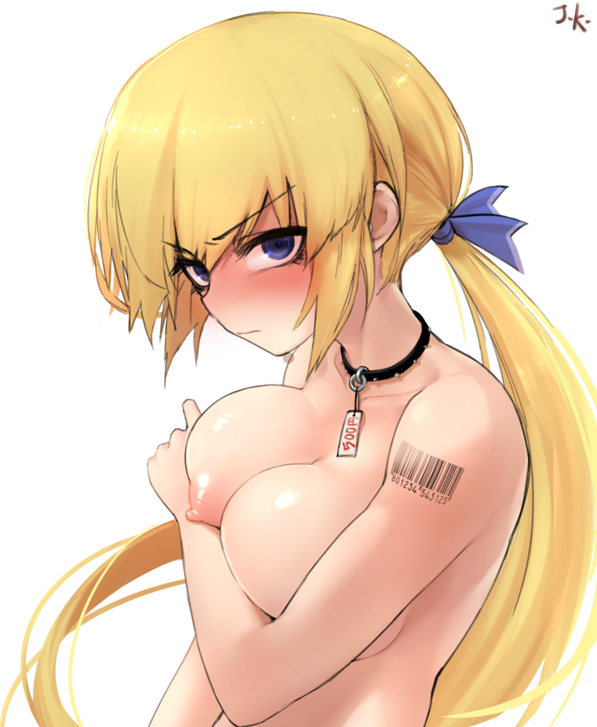 1girls auction barcode barcode_tattoo blonde_hair blue_eyes blushing collar covering_breasts embarrassed femsub glaring j.k. nipple ponytail price price_tag ribbon slave slave_collar slavegirl tattoo