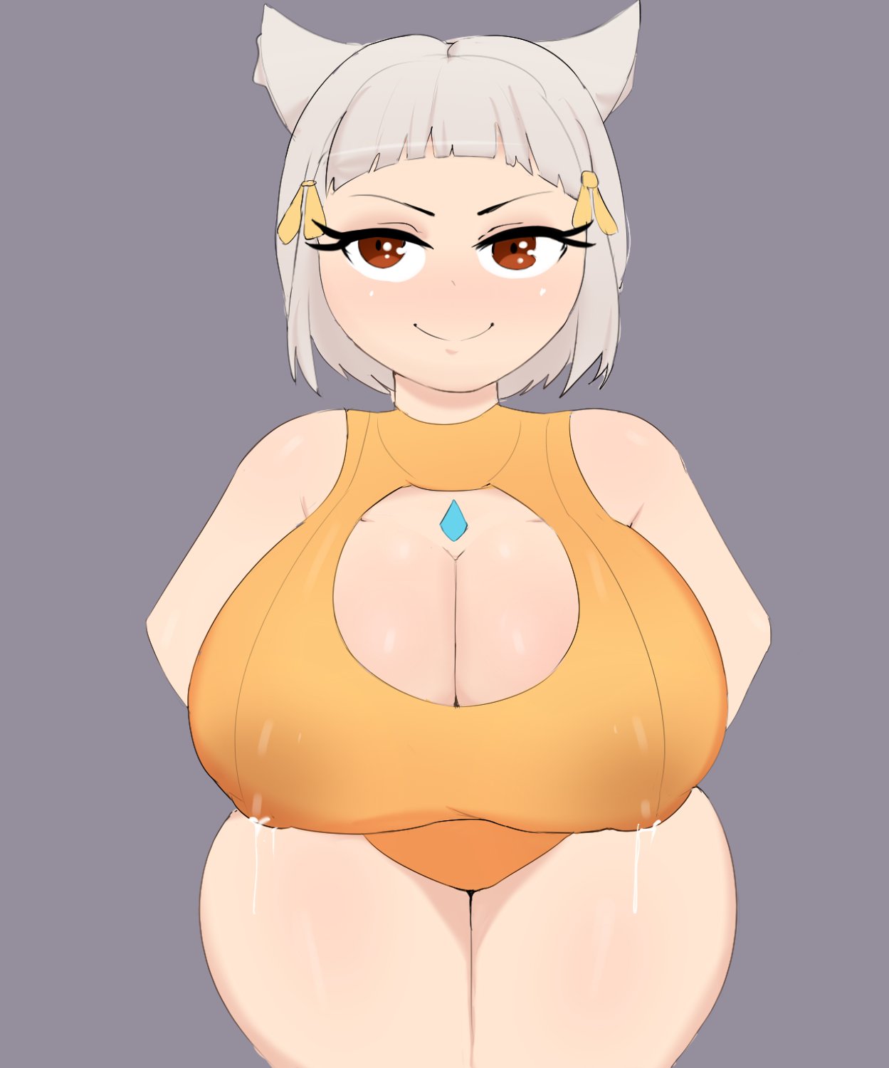 1girls, alternate breast size, animal ears, big breasts, breasts, brown hair, eye contact, female, female only, g3mma, grey hair, huge breasts, huge thighs, lactation, large breasts, light skin, light-skinned female, looking at viewer, nia, nia (xenoblade), nintendo, pale skin, pale-skinned female, purple background, short hair, smile, solo, standing, thick thighs, wide hips, xenoblade (series), xenoblade chronicles 2