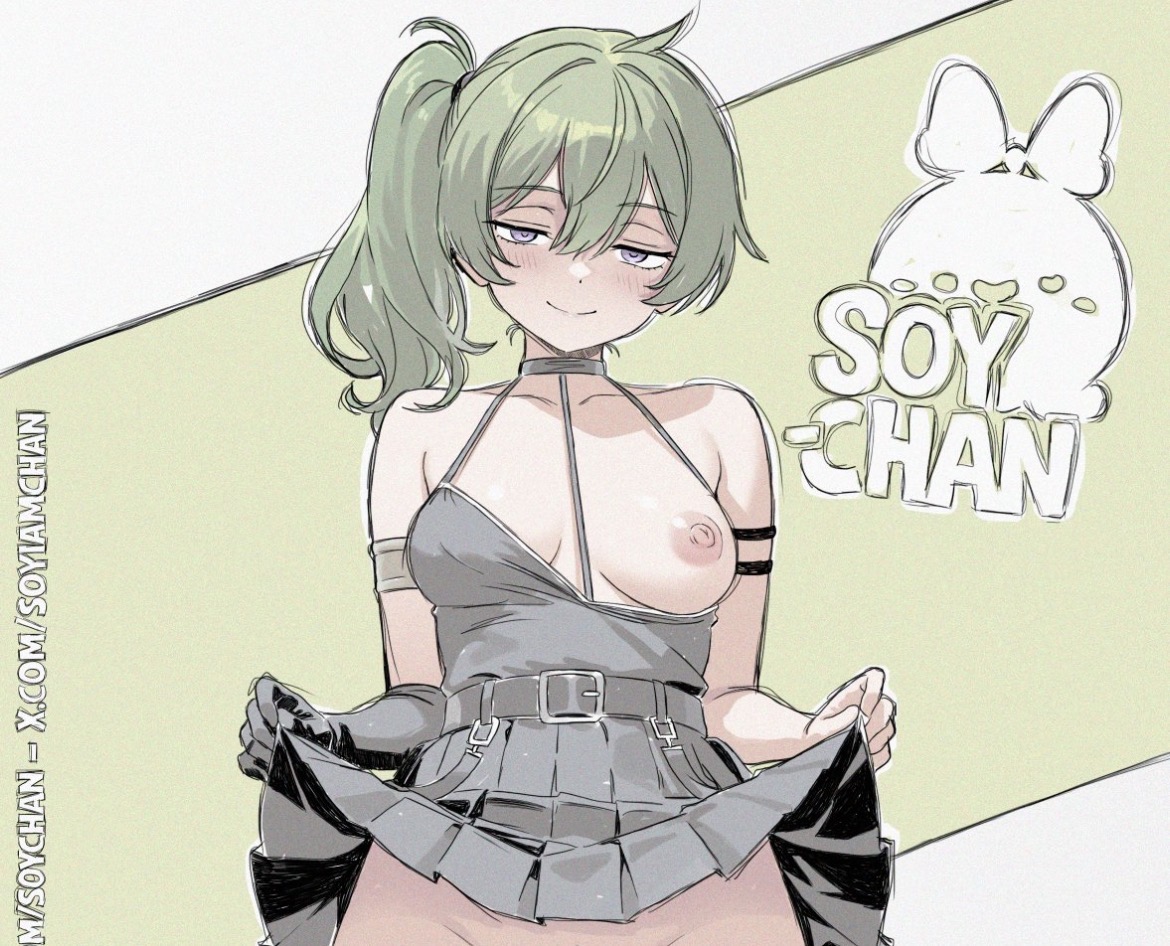 breast out, green hair, hair between eyes, lifting skirt, petite female, pink nipples, side ponytail, skirt lift, slight pussy peek, small breasts, sousou no frieren, soyiamchan, ubel (sousou no frieren)