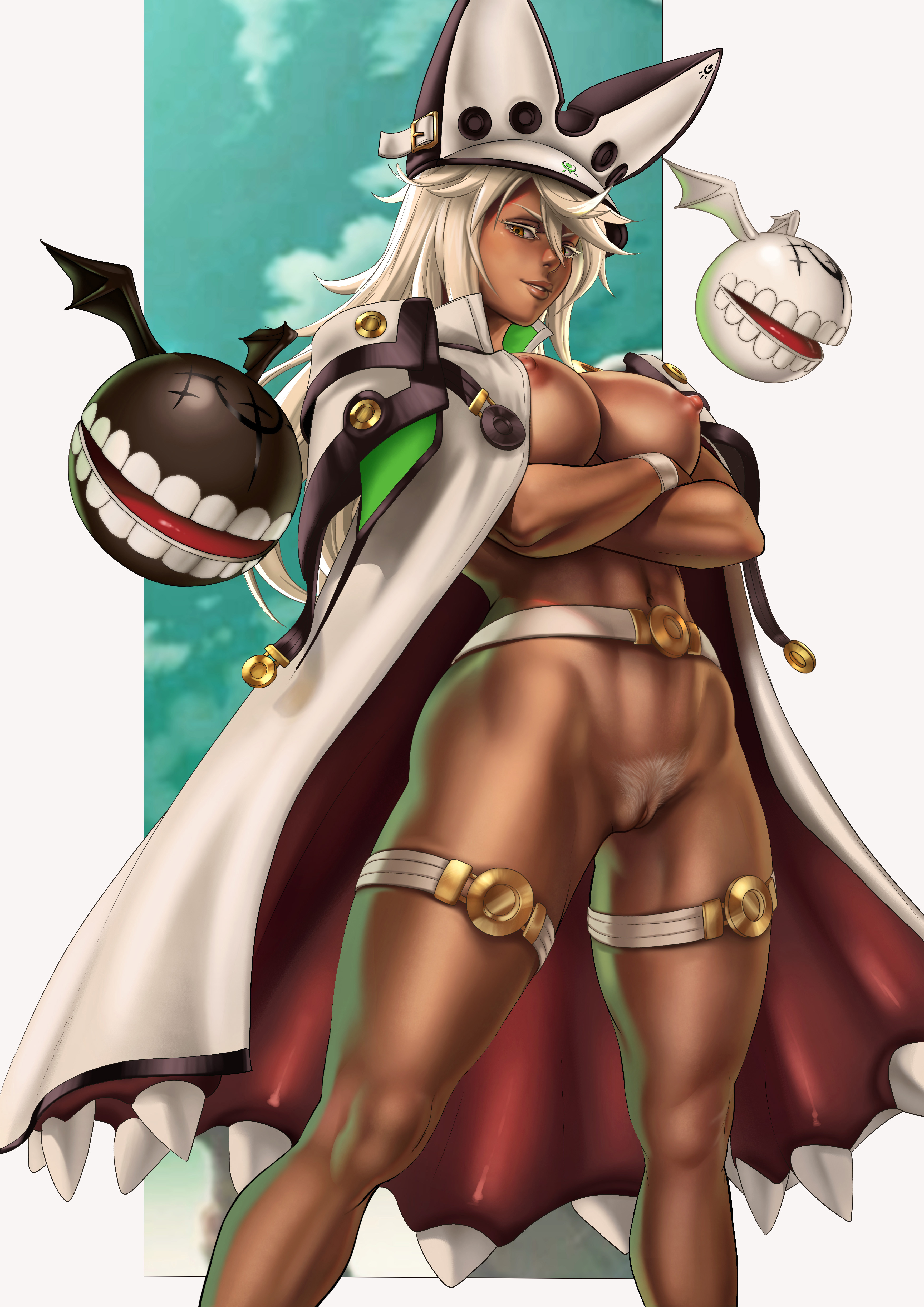 big breasts, breasts, brown eyes, cape, crossed arms, dandon fuga, dark skin, edit, female, guilty gear, guilty gear strive, large breasts, long hair, looking at viewer, pubic hair, ramlethal valentine, standing, thick thighs, toned, toned female, uncensored, white hair, white pubic hair