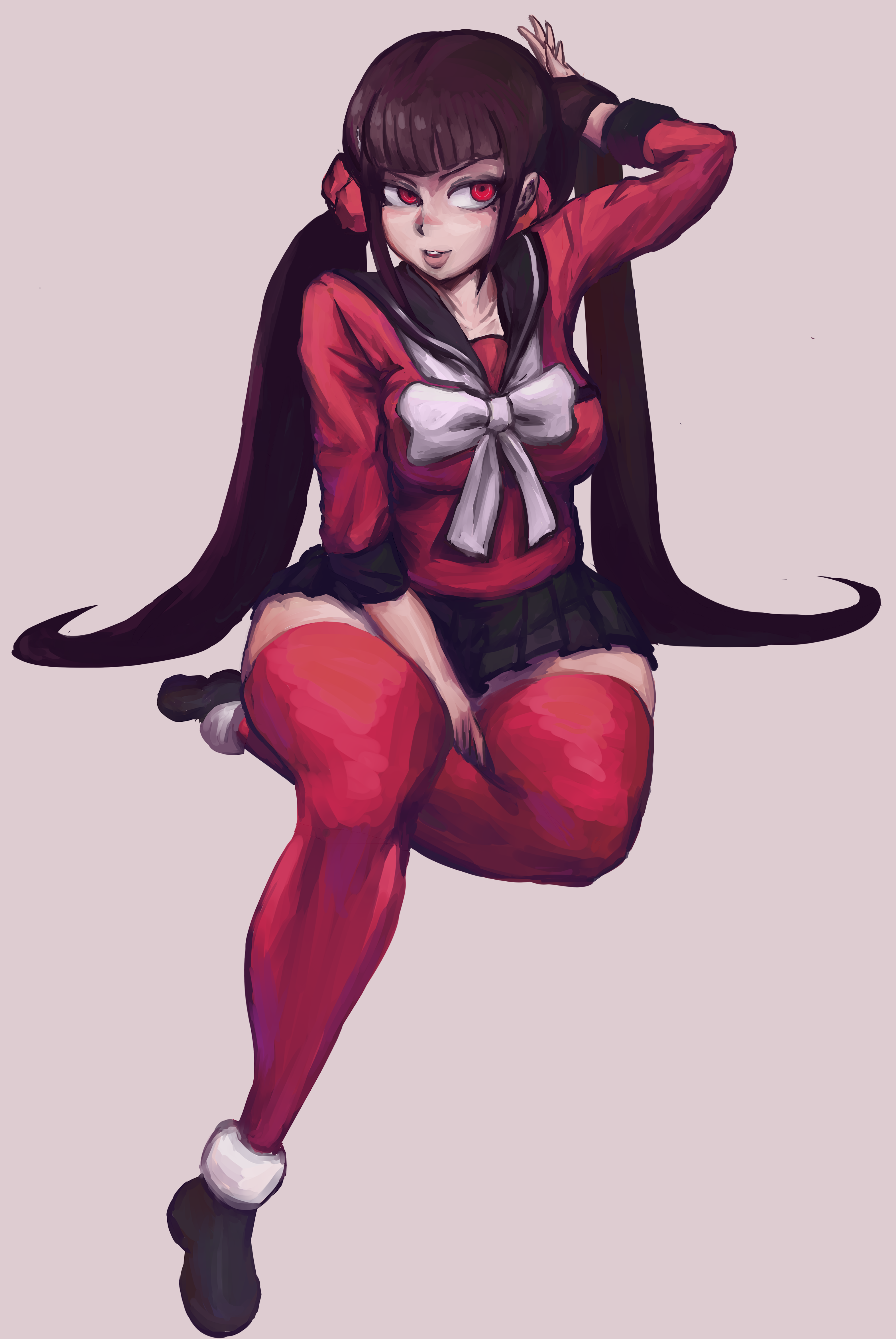 1girls, beauty mark, chubby, danganronpa, danganronpa v3, female, female focus, female only, harukawa maki, long twintails, pixiv, red eyes, stockings, thick thighs