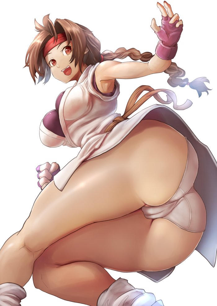 alternate_version_available art_of_fighting ass belt big_breasts big_butt blue_gloves brown_eyebrows brown_eyes brown_hair eyebrows eyelashes female fingerless_gloves fingers gloves headband japanese king_of_fighters light-skinned_female looking_at_viewer no_pants open_mouth panties pussy red_headband simple_background skirt smile smiling smiling_at_viewer snk socks solo solo_female solo_focus sowel_(sk3) teeth thick_thighs vagina white_background white_panties white_socks yellow_belt yuri_sakazaki