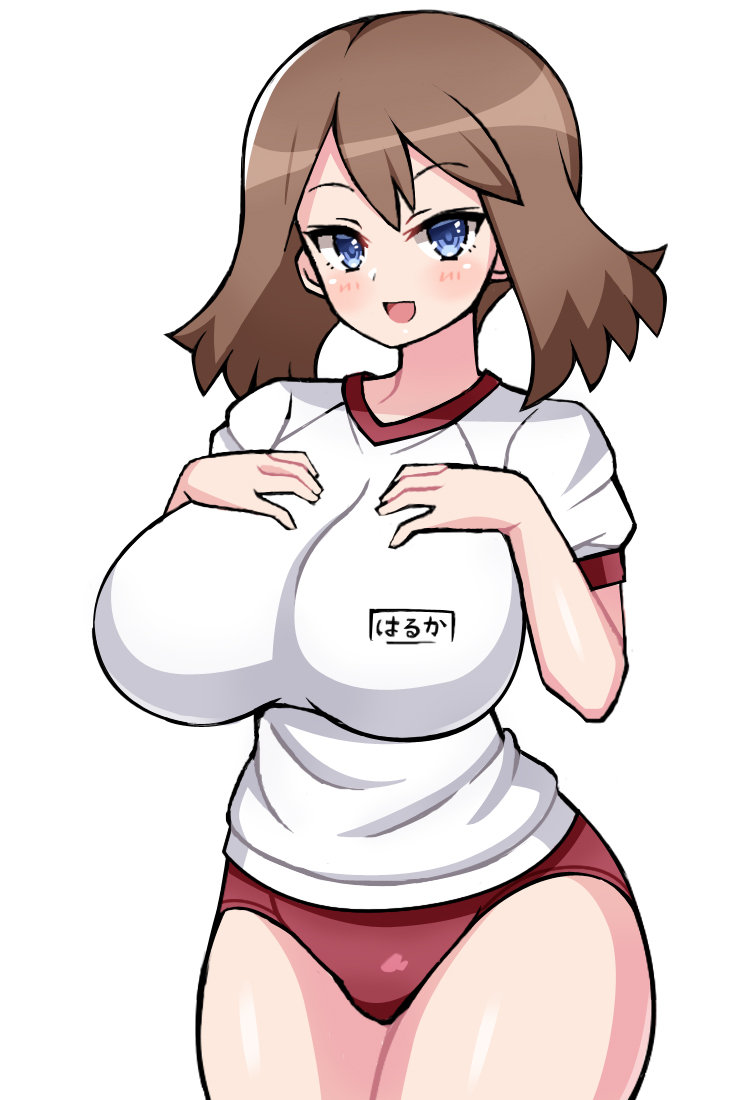 1girls big_breasts bloomers blue_eyes brown_hair buruma chro female gym_uniform large_breasts may_(pokemon) medium_hair nintendo pale-skinned_female pale_skin pokemon pokemon_rse thick_thighs thighs white_background