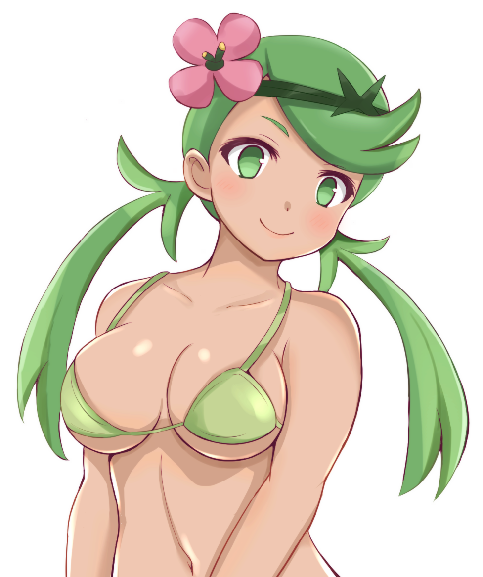 1girls, bikini, blush, breasts, brunette, cute, eye contact, female, flower, flower in hair, green eyes, green hair, hairband, long hair, looking at viewer, mallow (pokemon), nintendo, pokemon, pokemon sm, retori niwa, skinny, solo, tan skin, tan-skinned female, teenager, twintails, white background