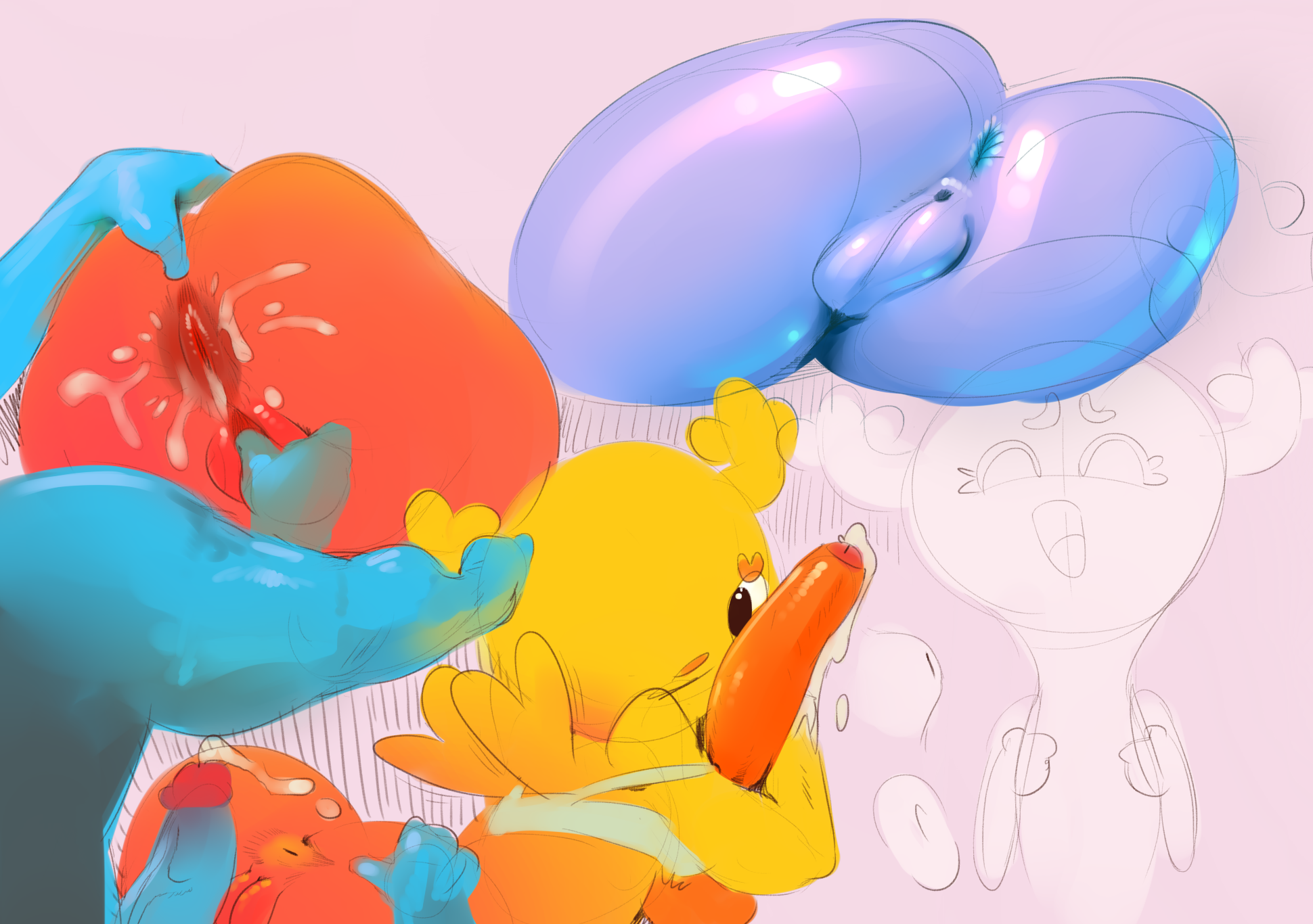anthro, antlers, anus, ass, bodily fluids, canon couple, cartoon network, cum, cum on ass, cum on butt, domestic cat, duo, faceless male, fairy, felid, feline, felis, female, genital fluids, genitals, group sex, gumball watterson, hi res, holding penis, horn, looking back, male, mammal, musikalgenius, penis, penny fitzgerald, pussy, smile, spread ass, spread butt, spreading, straight, the amazing world of gumball, wings