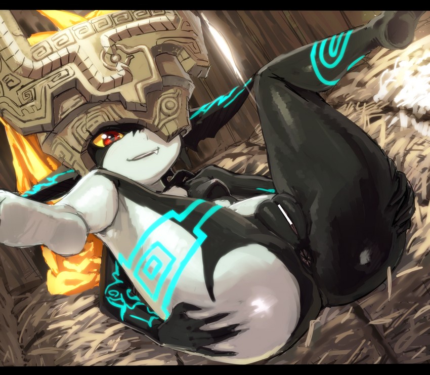 1girls, anus, ass, big ass, black skin, breasts, censored, female, female only, grabbing own ass, imp, imp midna, kawakami rokkaku, legs open, lifting leg, looking away, lying, lying on back, midna, nintendo, open legs, orange hair, pussy, pussy juice, red eyes, small breasts, smile, solo, the legend of zelda, twilight princess, two-tone body, white skin, yellow sclera