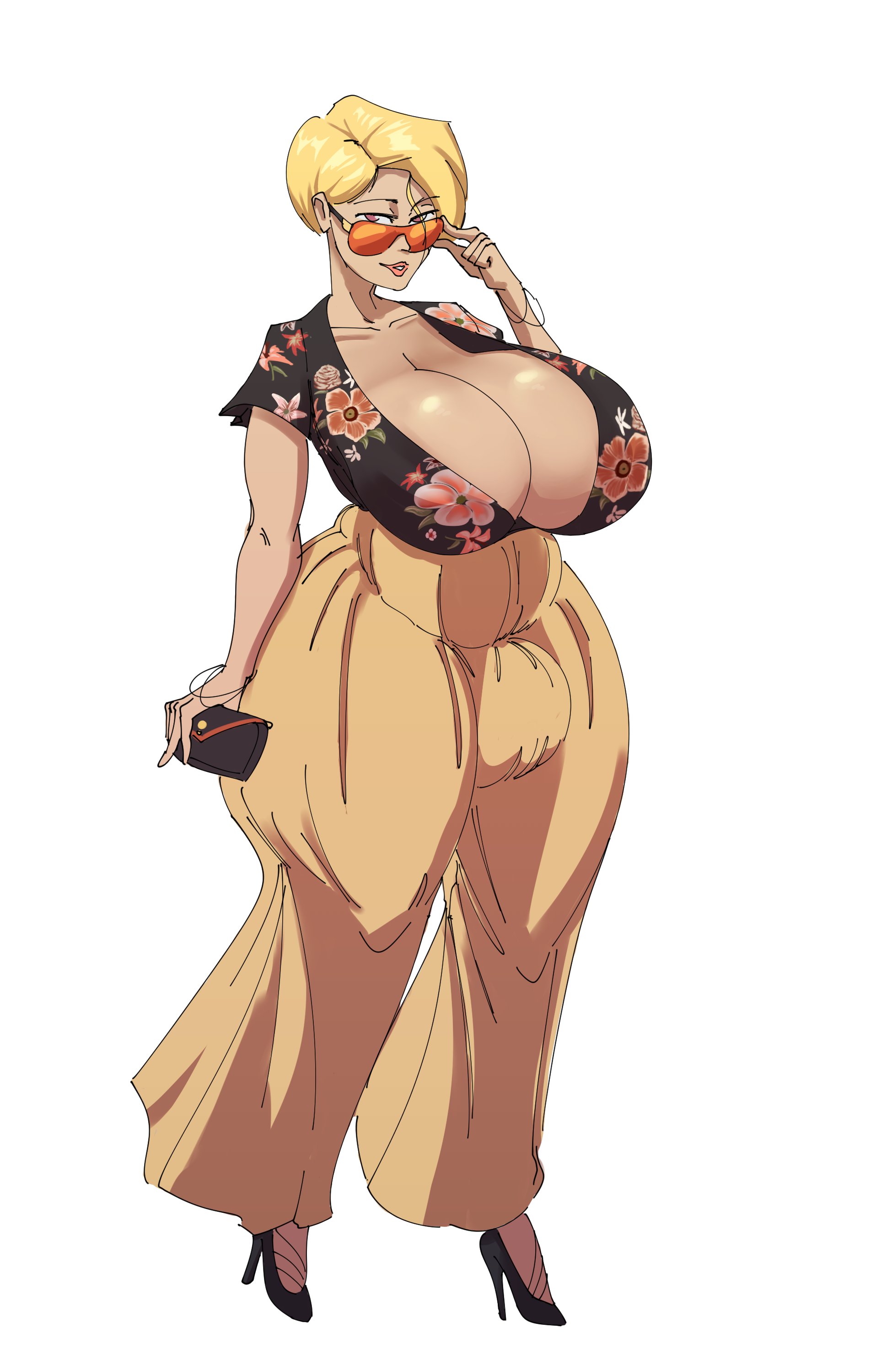 1futa, bbw, big breasts, blonde hair, blush, breasts, bulge, cleavage, dickgirl, female, futa only, futanari, high heels, huge breasts, intersex, large breasts, milf, nightpickle, outfit, solo, solo futa, sunglasses, wide hips