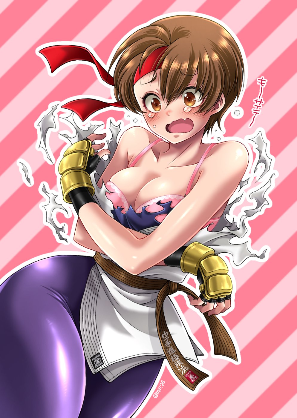 1girls art_of_fighting belt black_gloves bra brown_eyebrows brown_eyes brown_hair covering covering_breasts curvy curvy_body curvy_figure defeated embarrassed eyebrows gloves headband hips japanese_text king_of_fighters light-skinned_female open_mouth pink_bra red_headwear short_hair simple_background snk solo solo_focus spandex spandex_pants thick_thighs tongue torn_clothes torn_shirt yuri_sakazaki