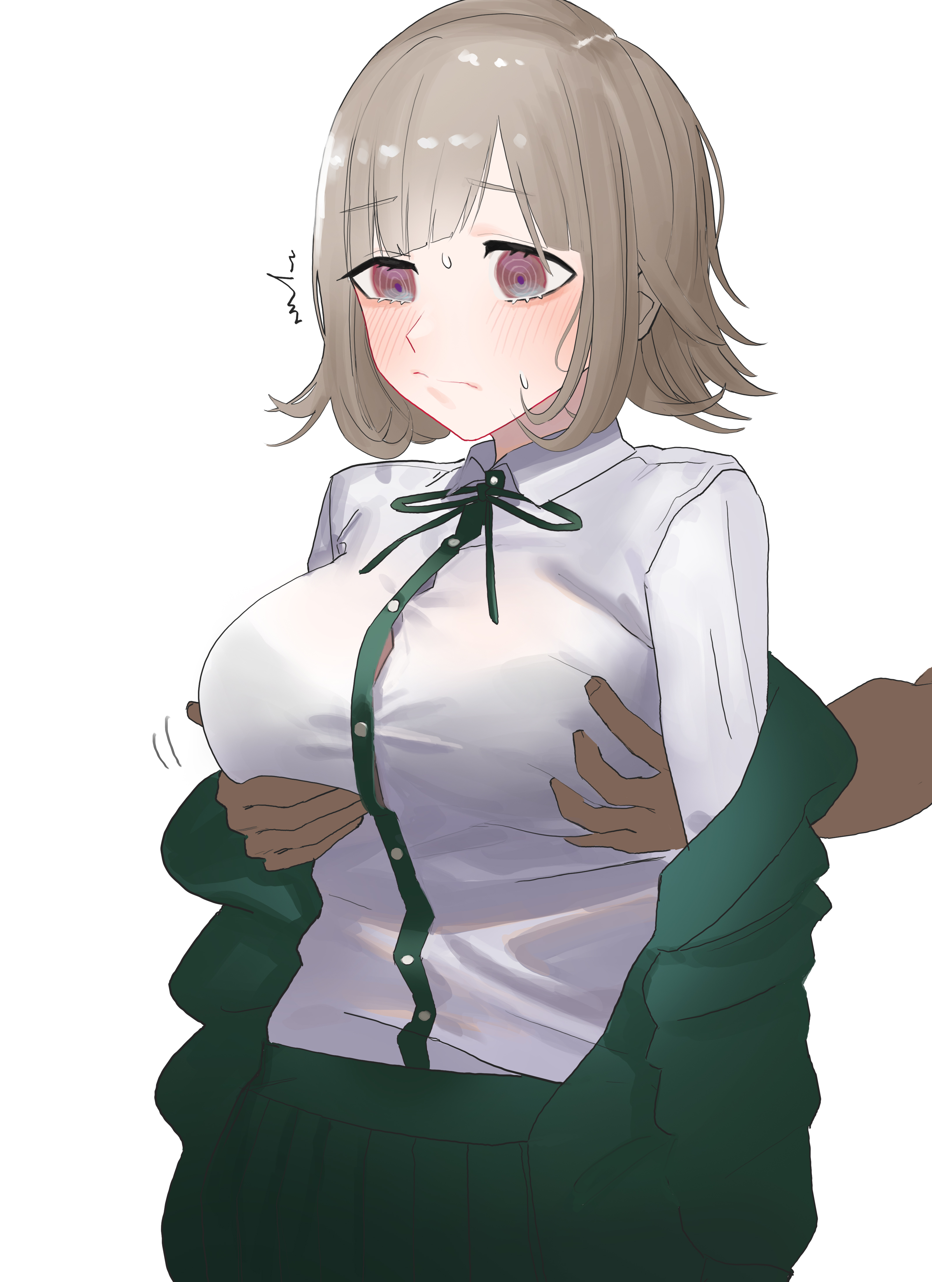 @ @, 1boy, 1girls, absurdres, bangs, black jacket, black ribbon, black skirt, blush, breast grab, breasts, brown hair, commentary request, danganronpa, danganronpa 2: goodbye despair, dark skin, dark-skinned male, female, flipped hair, frown, grabbing, groping, groping from behind, highres, hitonitati1, hood, huge breasts, jacket, large breasts, male, nanami chiaki, nervous, pink eyes, pleated skirt, questionable consent, ribbon, shirt, short hair, skirt, solo, solo focus, straight hair, super danganronpa 2, tearing up, white shirt