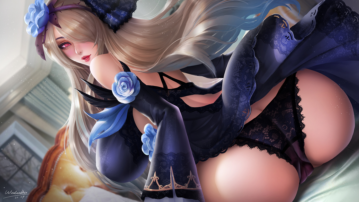 1girls, ass, big ass, big breasts, breasts, female, female only, honkai (series), honkai impact 3rd, large breasts, looking at viewer, looking back, panties, rita rossweisse, solo, windwalker