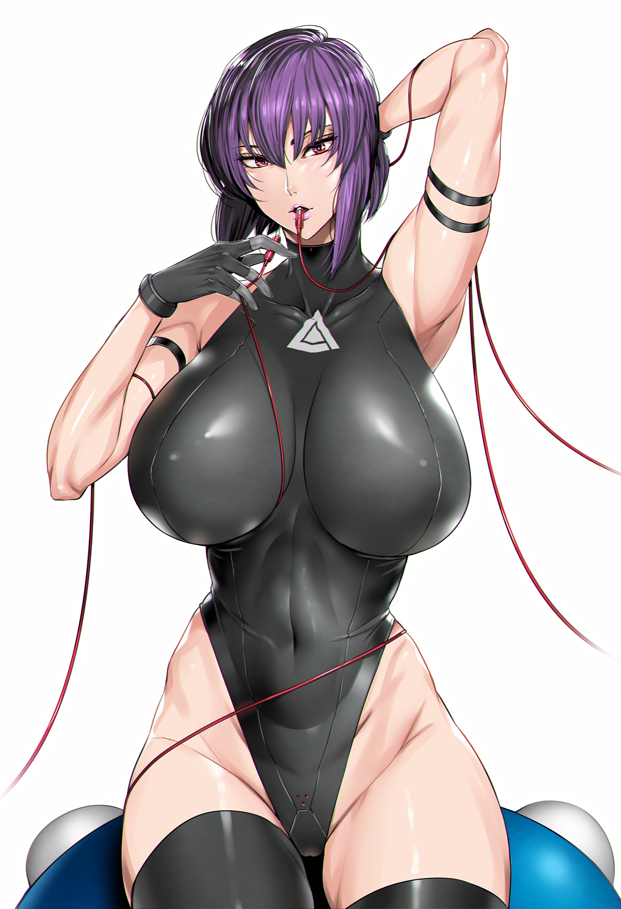 bare arms, bare shoulders, bodysuit, breasts, cable, cyberpunk, cyborg, fei (maidoll), female, female protagonist, ghost in the shell, ghost in the shell sac 2045, gloves, kusanagi motoko, large breasts, lips, looking at viewer, parted lips, purple hair, red eyes, science fiction, short hair, tachikoma, thighhighs, white background