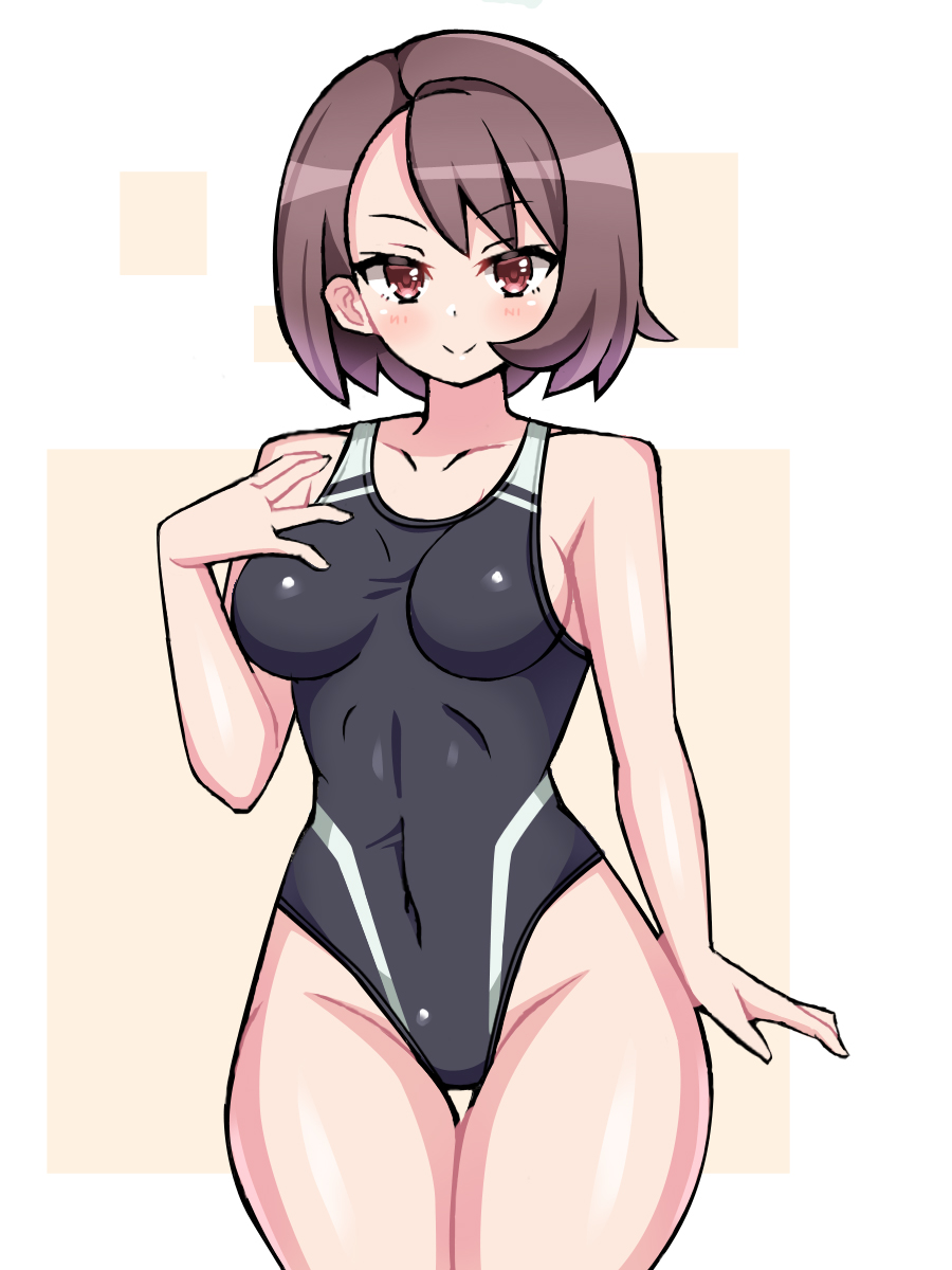 1girls breasts brown_hair chro eye_contact female gloria_(pokemon) looking_at_viewer nintendo one-piece_swimsuit pale-skinned_female pale_skin pokemon pokemon_ss red_eyes short_hair swimsuit thick_thighs thighs white_background