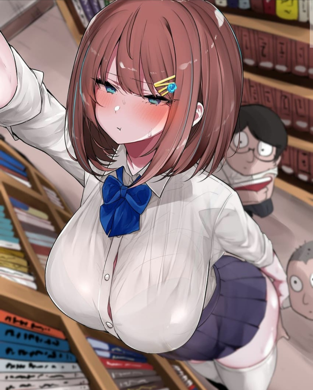 big breasts, blue eyes, blush, breasts, brown hair, female, gigantic breasts, mitsudoue, original, school uniform, short hair, skirt, thick thighs, thighhighs