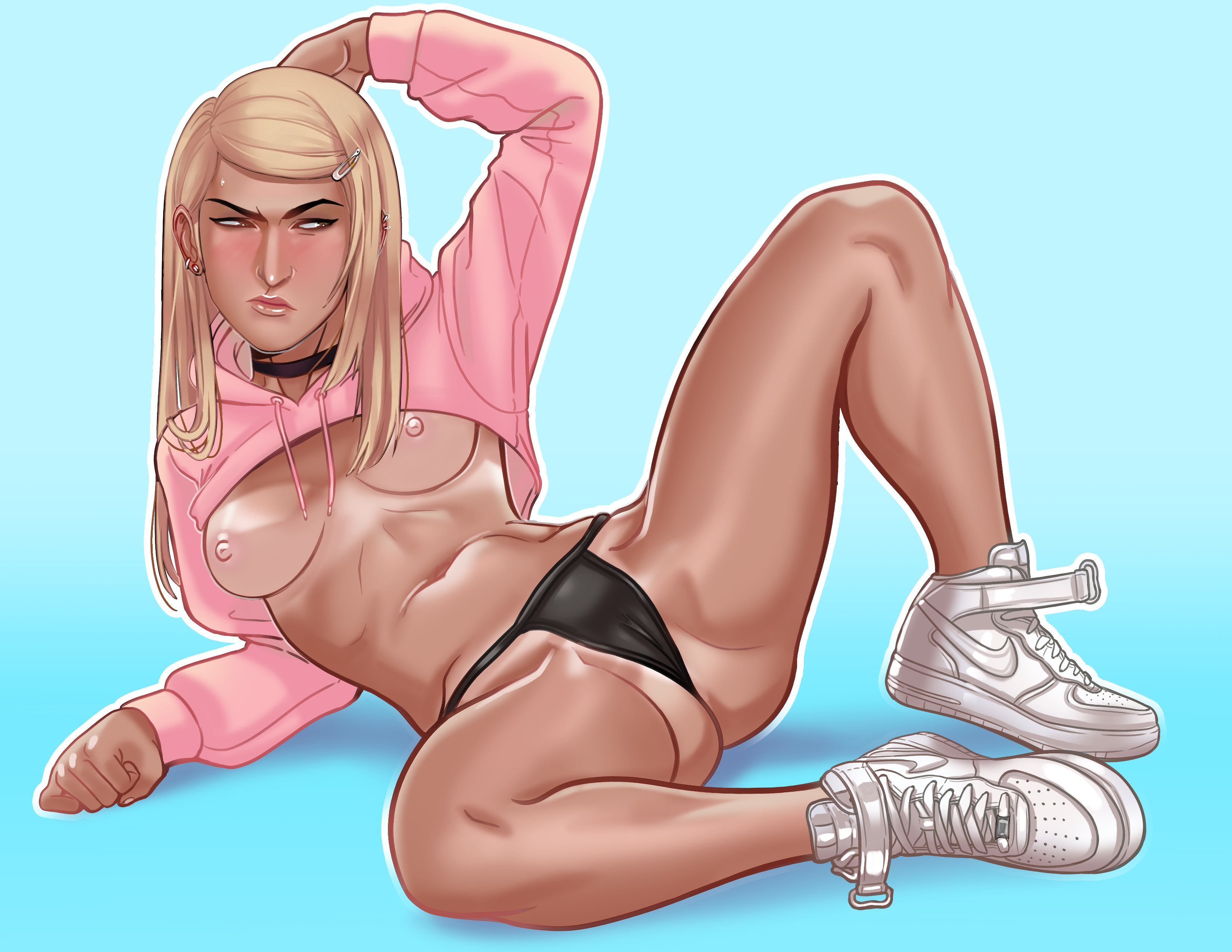 1girls, andava, andavaverse, athletic, athletic female, belly, black g-string, blonde hair, blush, breasts, breasts out, brown eyes, erica andreyko, female, female focus, g-string, hairclip, long hair, medium breasts, navel, panties, solo, tan lines, tanline, thighs