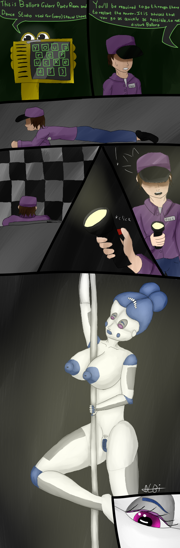 2d 2d_(artwork) animatronic areola areolae ballora ballora_(fnafsl) breasts comic eggs_benedict_(fnafsl) five_nights_at_freddy's five_nights_at_freddy's:_sister_location flashlight fnaf hand_unit_(fnafsl) hyper litonima michael_afton nipples robot robot_girl scottgames sister_location strip_tease