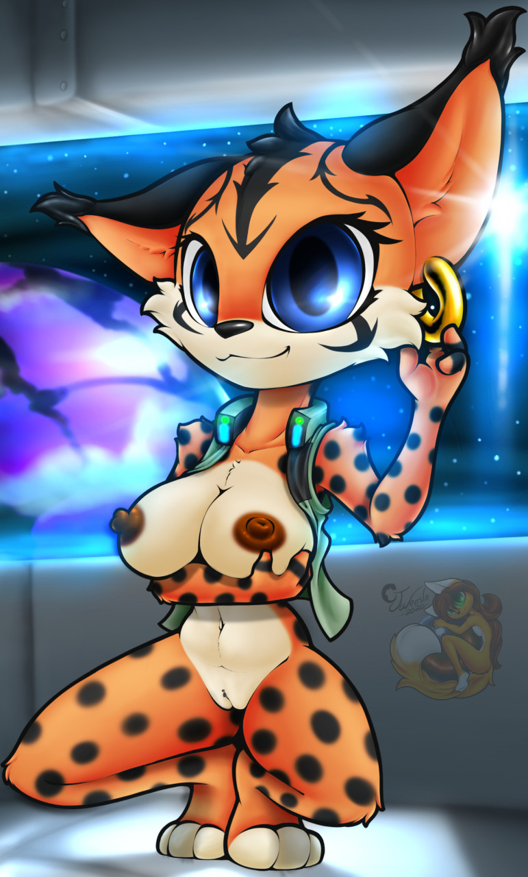 2020 anthro black_markings blue_eyes breasts cjweasle clothed clothing ear_piercing eyelashes felid feline female fur hi_res jacket looking_at_viewer lynx mammal markings miyu_lynx nintendo orange_body orange_fur partially_clothed piercing spots spotted_body spotted_fur star_fox tan_body tan_fur topwear video_games