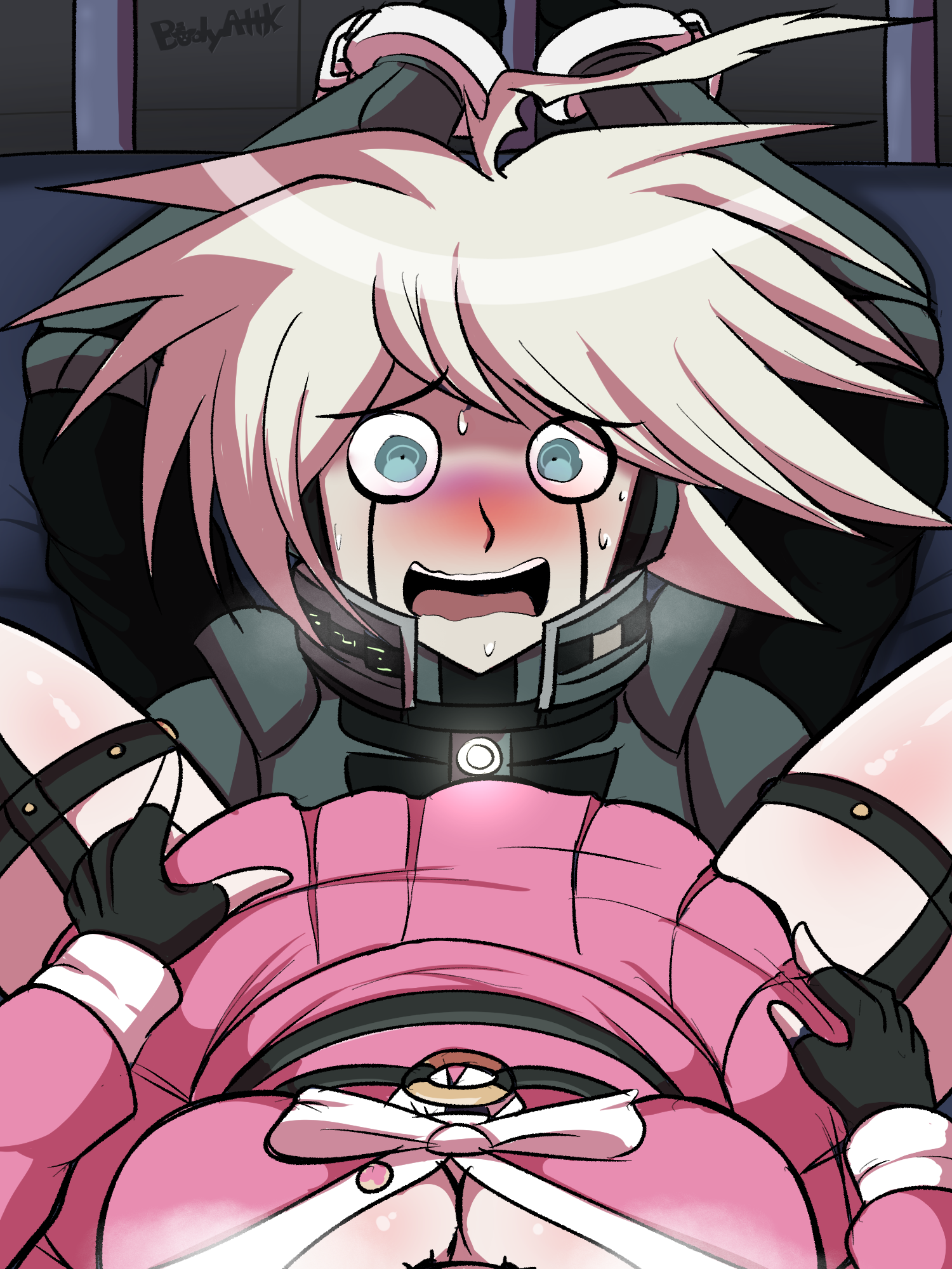 1boy, 1girls, arms above head, arms tied, blush, bodyattk, breasts, cleavage, clothed, clothed female, clothed male, danganronpa, danganronpa v3, female, female pov, femdom, handcuffs, iruma miu, keebo, kiibo, male, photo, pov, skirt, smooth skin, spread legs, straddling, straight, sweat, taker pov, tied up
