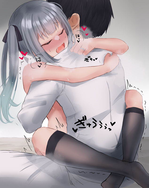 admiral (kantai collection), bangs, blush, breath, closed eyes, clothed male nude female, eyebrows visible through hair, female, grey background, grey hair, hair ribbon, heart, implied sex, jewelry, kantai collection, kasumi (kantai collection), kneehighs, leg lock, leg wrap, long hair, male, nude, open mouth, ponytail, ribbon, ring, sasakura (calicchio), side ponytail, simple background, sitting, straddling, tears, upright straddle, wedding ring, wholesome