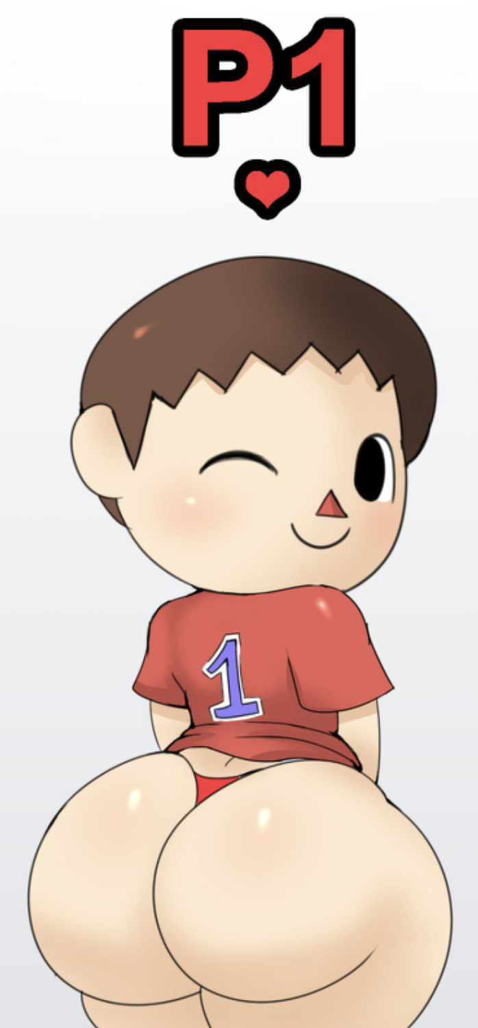 animal_crossing ass big_ass big_butt blush brown_hair femboy huge_ass looking_at_viewer looking_back male_only nintendo number_1 only_player red_shirt shirt smirk solo_male super_smash_bros. thick_ass thick_thighs thighs thong villager_(animal_crossing) white_background wide_hips winking winking_at_viewer year_request zeriie