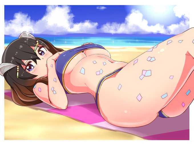 1girls 505_games artplay beach beach_towel bikini bloodstained:_ritual_of_the_night blue_eyes blush brown_hair cougar1404 curvy female_only gradient_hair hair_ornament hand_on_breast horns inti_creates jewelry large_breasts light_skin looking_at_viewer miriam_(bloodstained) ocean on_back solo summer swimsuit tattoo towel