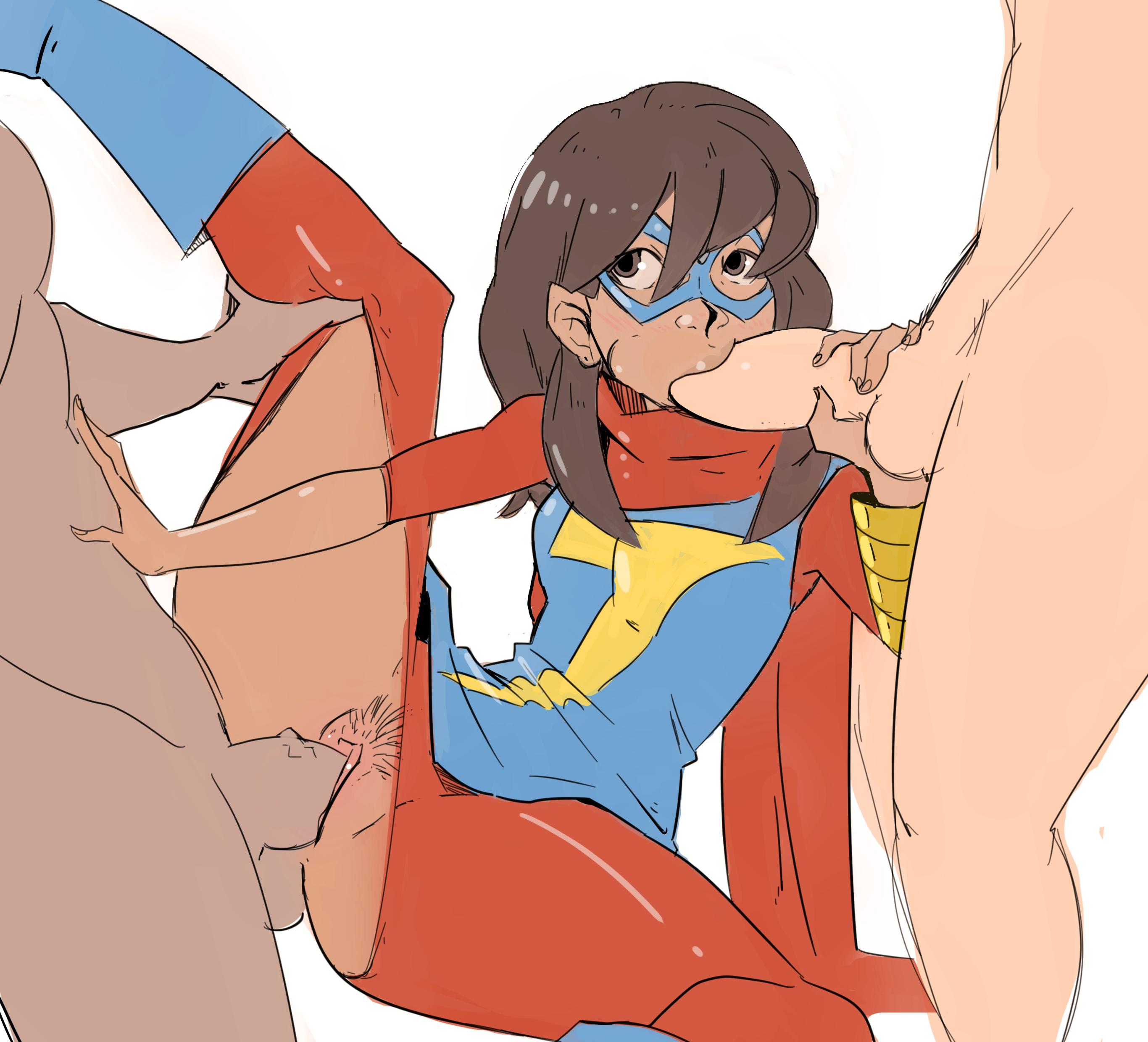 2boys, blowjob, bodysuit, breasts, brown hair, busty, clothing, crotchless, dark skin, dark-skinned female, faceless male, fellatio, female, female focus, female pubic hair, female superhero, footwear, hourglass figure, human, kamala khan, long hair, male, marvel, marvel comics, ms. marvel, oral, oral penetration, oral sex, penetration, penis, penis grab, pubic hair, pussy, sex, spitroast, superhero, superheroine, tagme, teenager, thesquiddycipher, threesome, vagina, vaginal penetration, vaginal sex, veiny penis, wide hips