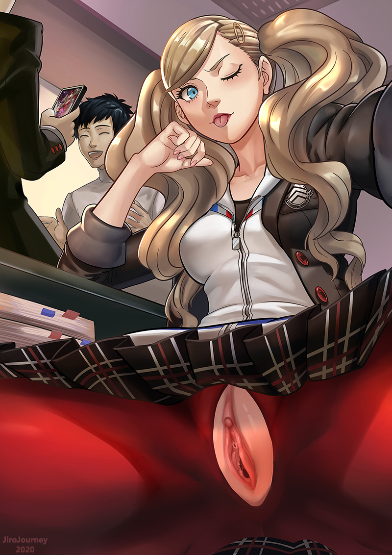 1girls, 2boys, ann takamaki, blonde hair, blue eyes, clitoris, female, jiro-knightraider, light skin, light-skinned female, male, no panties, one eye closed, pale skin, pale-skinned female, peehole, persona, persona 5, public, pussy, red legwear, selfie, skirt lift, spread legs, torn pants, twintails