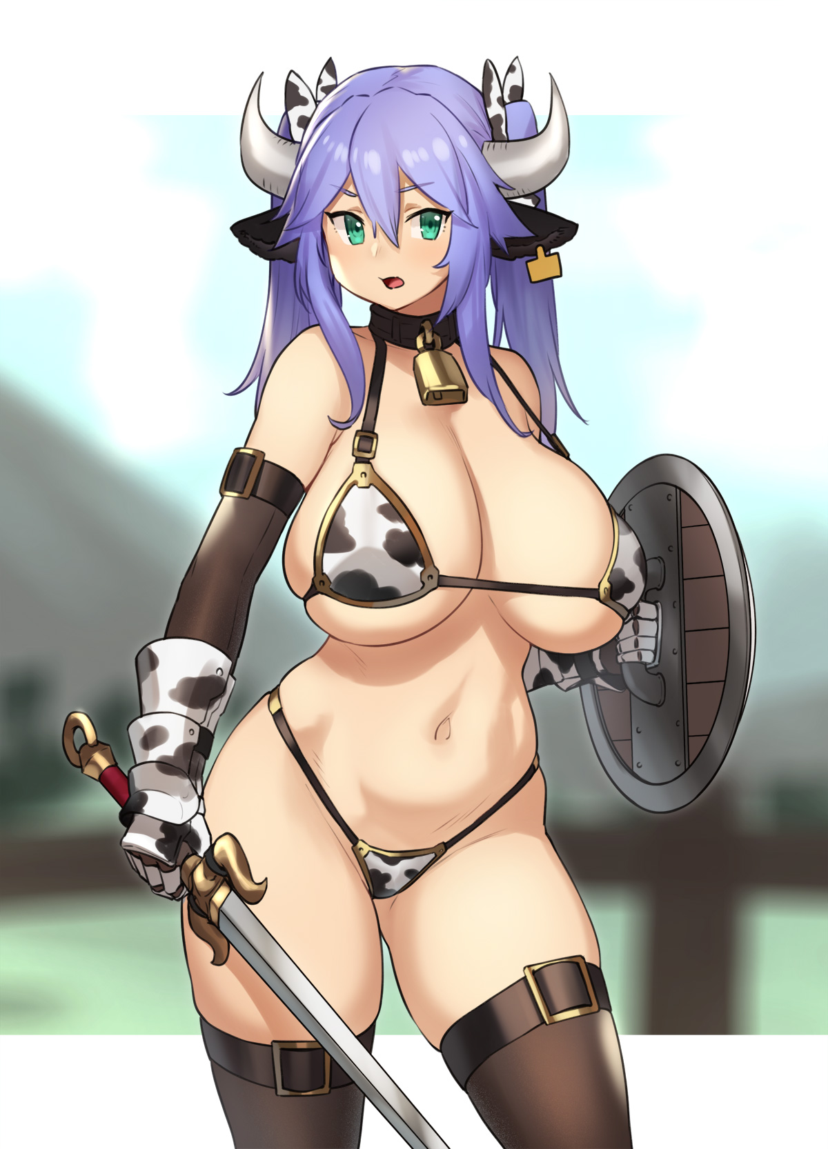 1girls, aqua eyes, bell, bell collar, big breasts, breasts, cow girl, cow print, cowbell, female, female only, houtengeki, huge breasts, large breasts, purple hair, shield, solo, sword, thighhighs