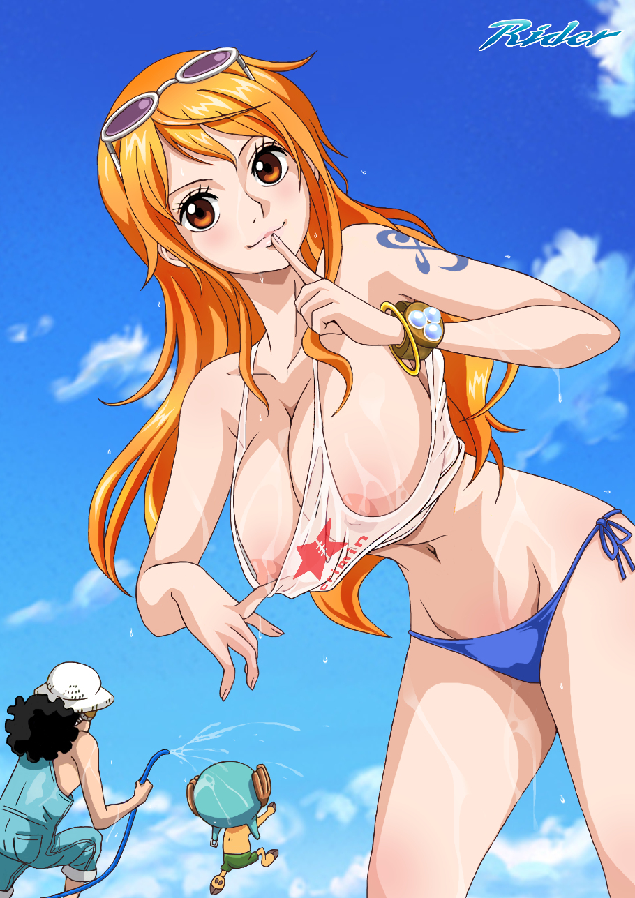 1girls, 2boys, accurate art style, arm tattoo, big breasts, blue tattoo, blush, breasts, female, female focus, long hair, looking at viewer, male, nami (one piece), no panties, one piece, orange eyes, orange hair, orange-haired female, post-timeskip, pulling, pulling clothing, raida (j5einmnjp3r49k6), tattoo, tony tony chopper, usopp, wet, wet clothes, wet shirt, wide hips