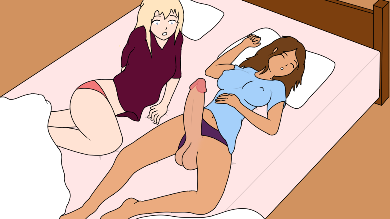 1futa, 1girls, artist request, balls, bed, big balls, big breasts, big penis, blonde hair, breasts, brown hair, clothed, clothing, duo, erection, female, futanari, intersex, morning wood, no bra, pale skin, panties, panties aside, partially clothed, penis, penis awe, sleeping, surprised, tan, toned