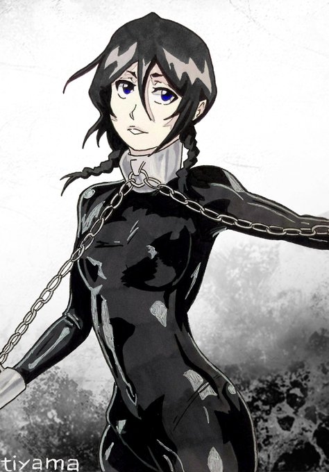 1girls black_hair bleach blue_eyes bodysuit bondage bondage_gear chains choker collar female_only happy kuchiki_rukia latex looking_at_viewer medium_hair pale_skin petite shiny_clothes small_breasts smile tiyama traditional_media_(artwork) twintails wrists_to_collar