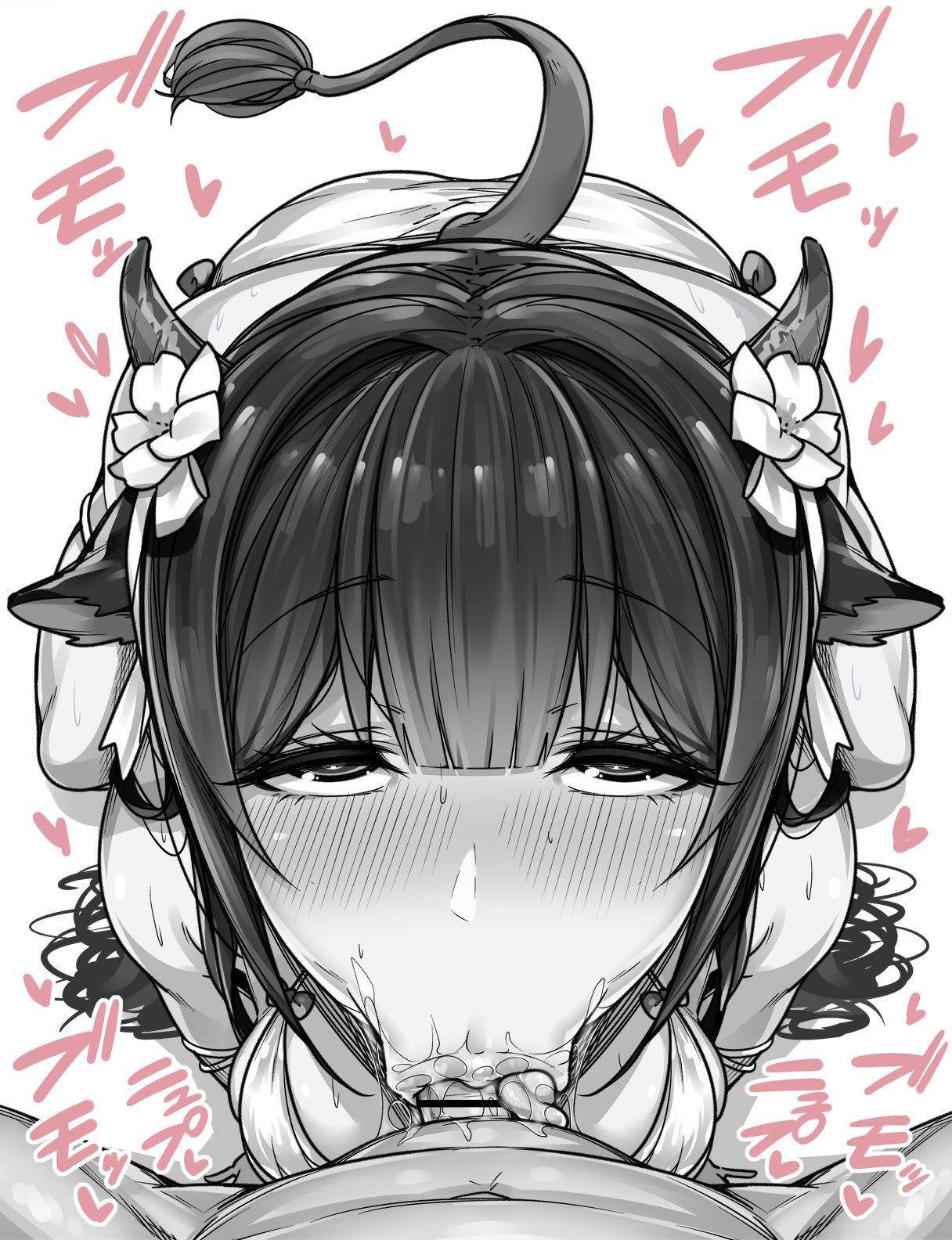 :>=, 1boy, 1girls, all fours, animal ears, azur lane, bangs, bar censor, bikini, blush, breasts, censored, commentary request, cow ears, cow girl, cow horns, cow tail, deepthroat, eyebrows visible through hair, fellatio, female, flower, from above, gensui (auoua), greyscale, hair flower, hair ornament, half-closed eyes, heart, highres, horns, kashino (azur lane), kashino (hot springs relaxation) (azur lane), large breasts, long hair, looking at viewer, looking up, male, monochrome, oral, penis, pov, sakura empire (azur lane), saliva, simple background, solo focus, straight, swimsuit, tail, tongue, tongue out, very long hair, white background, white bikini, white flower