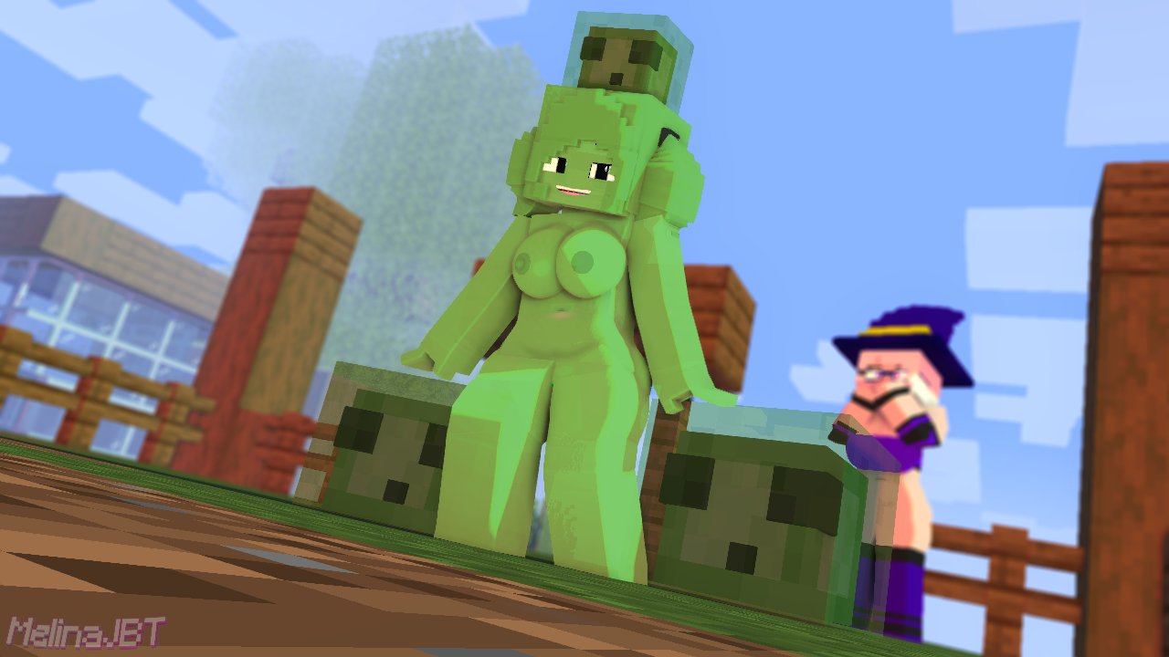 2girls 3d big_breasts character female female_only green_body green_skin human melanie_thompson_(melinajbt) melinajbt mine-imator minecraft monster monster_girl nude omi_(melinajbt) outdoors slime slime_girl tagme