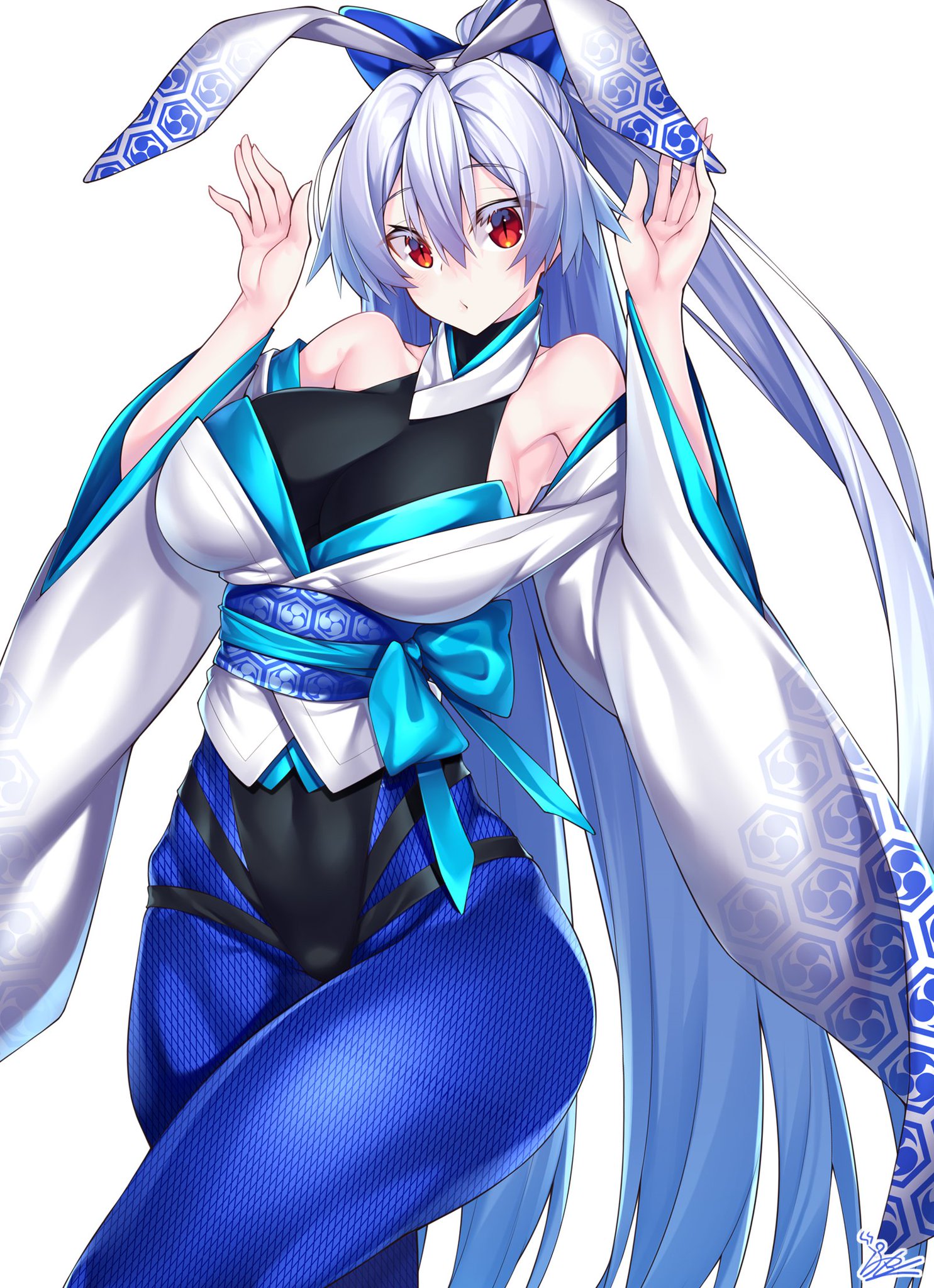 breasts, bunny ears, bunny girl, curvy, fate (series), fate/grand order, female, hair ribbon, huge breasts, kimono, large breasts, long hair, looking at viewer, red eyes, silver hair, tomoe gozen (fate), watosu (watosu mama)