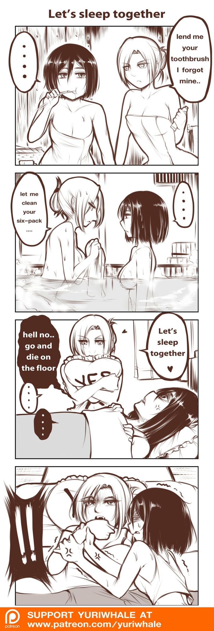 2girls angry annie_leonhardt attack_on_titan bathing bed brushing_teeth comic dialogue english_text female female_only human mikasa_ackerman monochrome naked nude patreon speech_bubble tagme text toothbrush towel water wet wholesome yuri yuriwhale