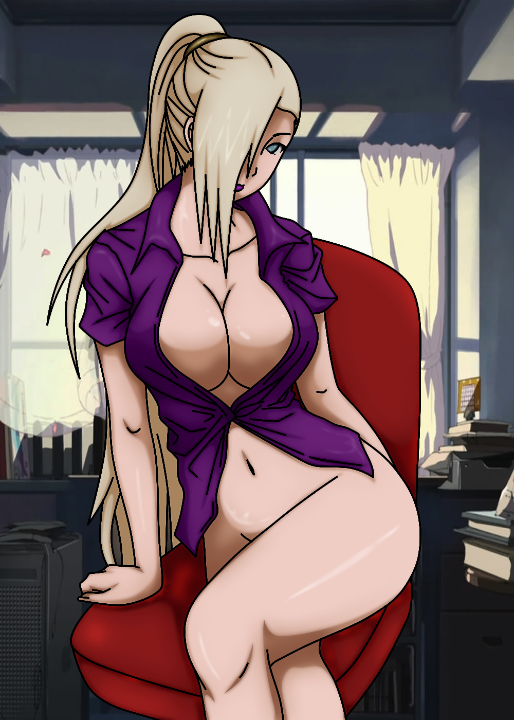 1girls, arm support, blonde hair, blue eyes, breasts, chair, cleavage, crossed legs, detailed background, female, female only, hair over one eye, ino yamanaka, large breasts, lipstick, long hair, makeup, naruto, naruto (series), naruto shippuden, no bra, no panties, shirt, sitting, solo, unbuttoned, unbuttoned shirt, very long hair