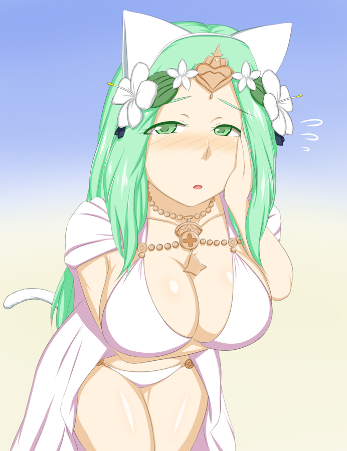 1girls bare_legs big_breasts bikini blush blush cat_ears cat_tail cleavage female fire_emblem fire_emblem:_three_houses fire_emblem_heroes green_hair large_breasts long_hair looking_at_viewer nintendo rhea_(fire_emblem) solo solo_female swimsuit toruchi white_bikini white_swimsuit