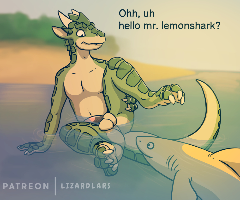 anthro ass balls beach dragon english_text feral fish genitals gills greeting inviting lemon_shark lizardlars male male/male marine penis scales sea seaside shark spitey spread_legs spreading text water zoophilia