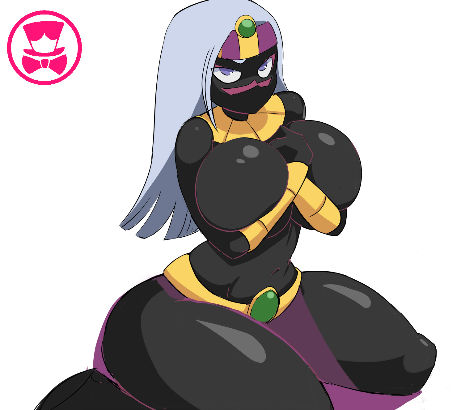 1girls, alien girl, big breasts, black body, breasts, duck dodgers, eye contact, featureless breasts, female, female only, holding breast, huge thighs, humanoid, kneeling, large breasts, long hair, looking at viewer, looney tunes, martian (duck dodgers), no mouth, purple eyes, queen tyr'ahnee, schpicy, solo, solo female, thick, thick thighs, thighs, topless, voluptuous, warner brothers, white background, wide hips