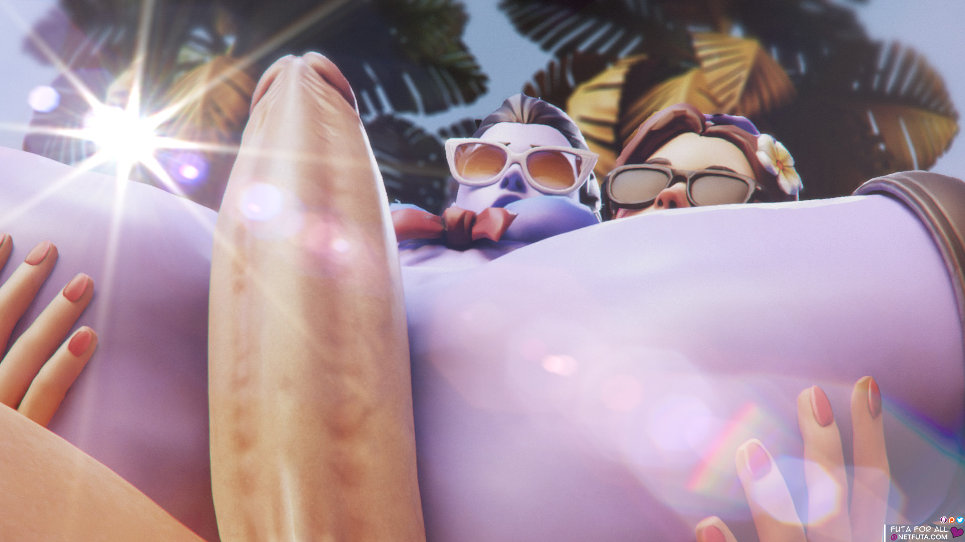 1futa, 1girls, 3d, alternative costume, beach, blender, blue hair, blue skin, bra, brown hair, close-up, d.va, dickgirl, female, futa on female, futanari, glasses, hands on thighs, holding up, huge cock, huge thighs, intersex, intersex/female, large penis, lens flare, light skin, netfuta, outdoor sex, outdoors, overwatch, palm tree, penis, penis between thighs, pov, pragma (filmmaker), render, spread legs, spreading, thick, thick penis, thick thighs, widowmaker