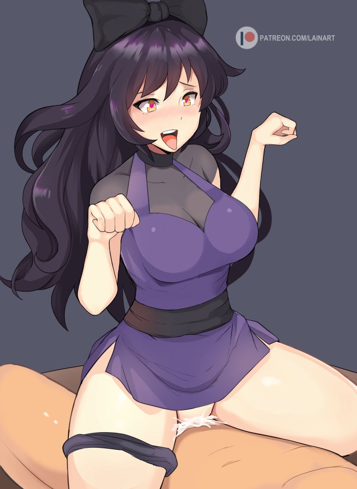 1girls, big breasts, black hair, blake belladonna, blush, bow, breasts, clothed, clothing, cowgirl position, cum, cum in pussy, cum inside, dress, female, heart-shaped pupils, lainart, long hair, male, pussy, rwby, sex, straight, tongue, tongue out, vaginal penetration