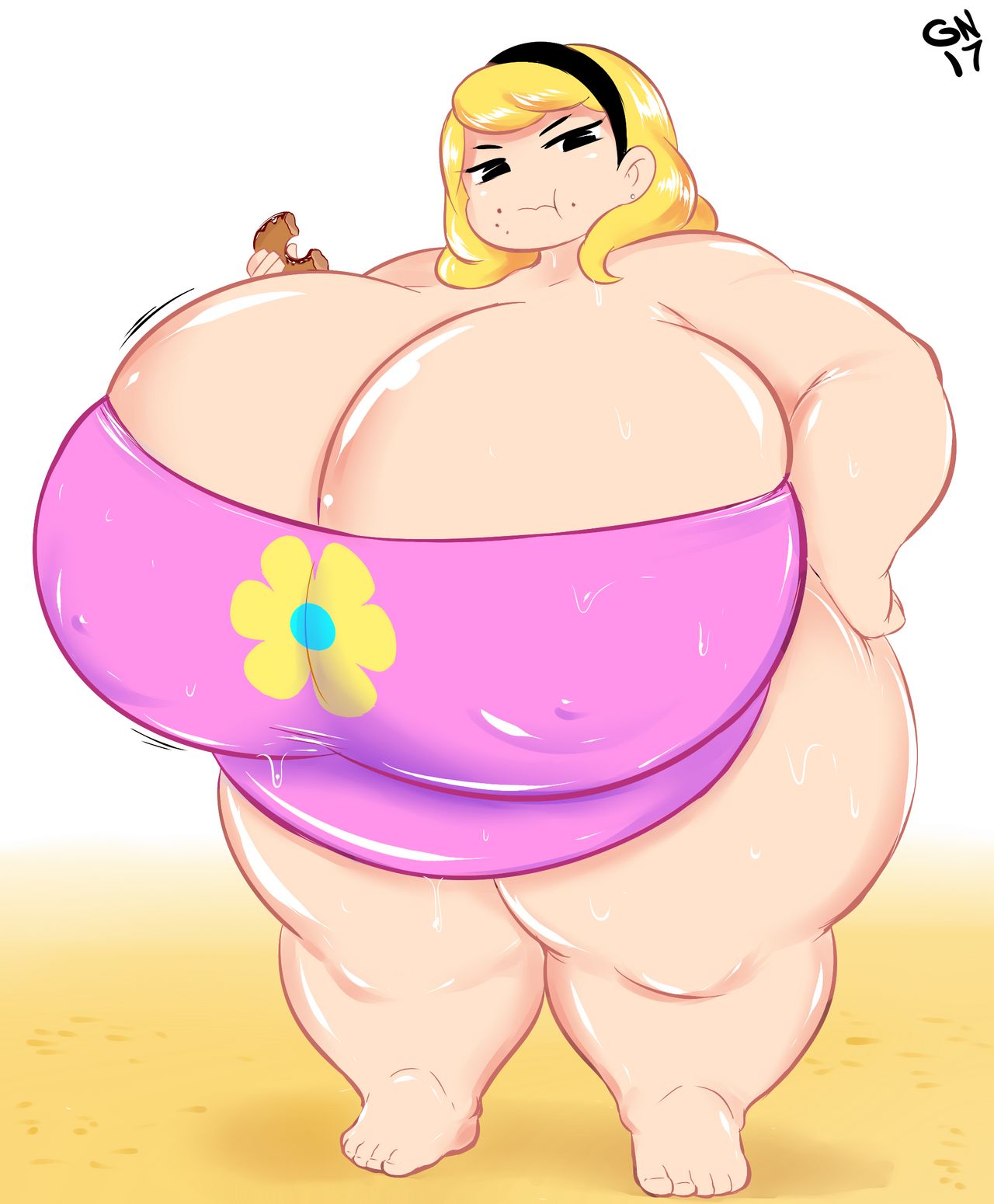 aged_up blonde_hair breasts cartoon_network cleavage doughnut fat flower gammanaut hair_band hips large_breasts mandy mandy_(billy_and_mandy) obese pac-man_eyes swimsuit the_grim_adventures_of_billy_and_mandy thick_thighs