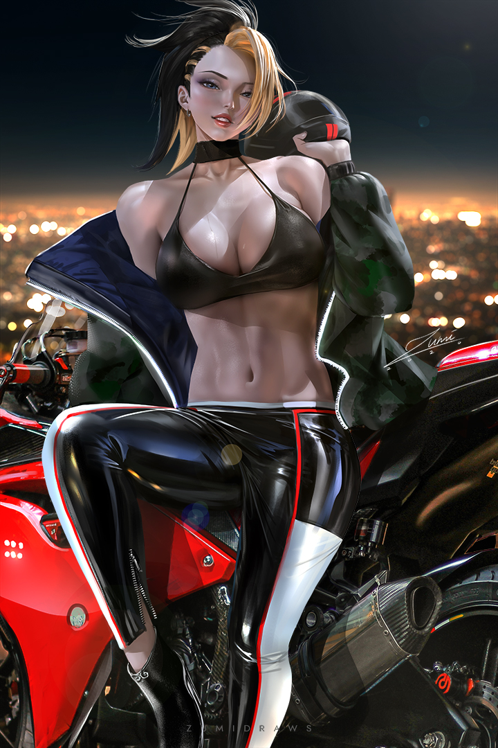 1girls 2020 akali alternate_costume big_breasts breasts cleavage earring female female_only heels high_heels k/da_all_out_akali k/da_all_out_series k/da_series large_breasts latex latex_clothing latex_pants league_of_legends looking_at_viewer motorcycle navel riot_games solo solo_female zumi