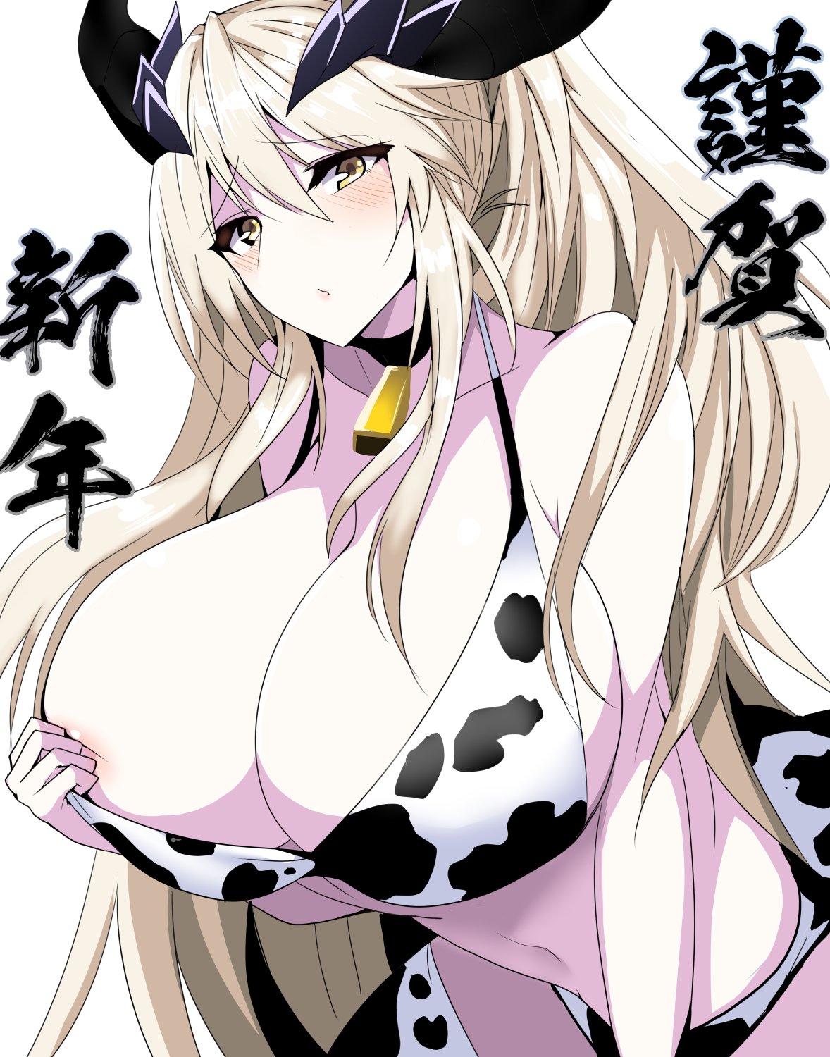 areola slip, artoria pendragon, artoria pendragon (lancer alter), big breasts, blonde hair, blush, breasts, cow print, cowbell, fate (series), fate/grand order, female, huge breasts, looking at viewer, yellow eyes