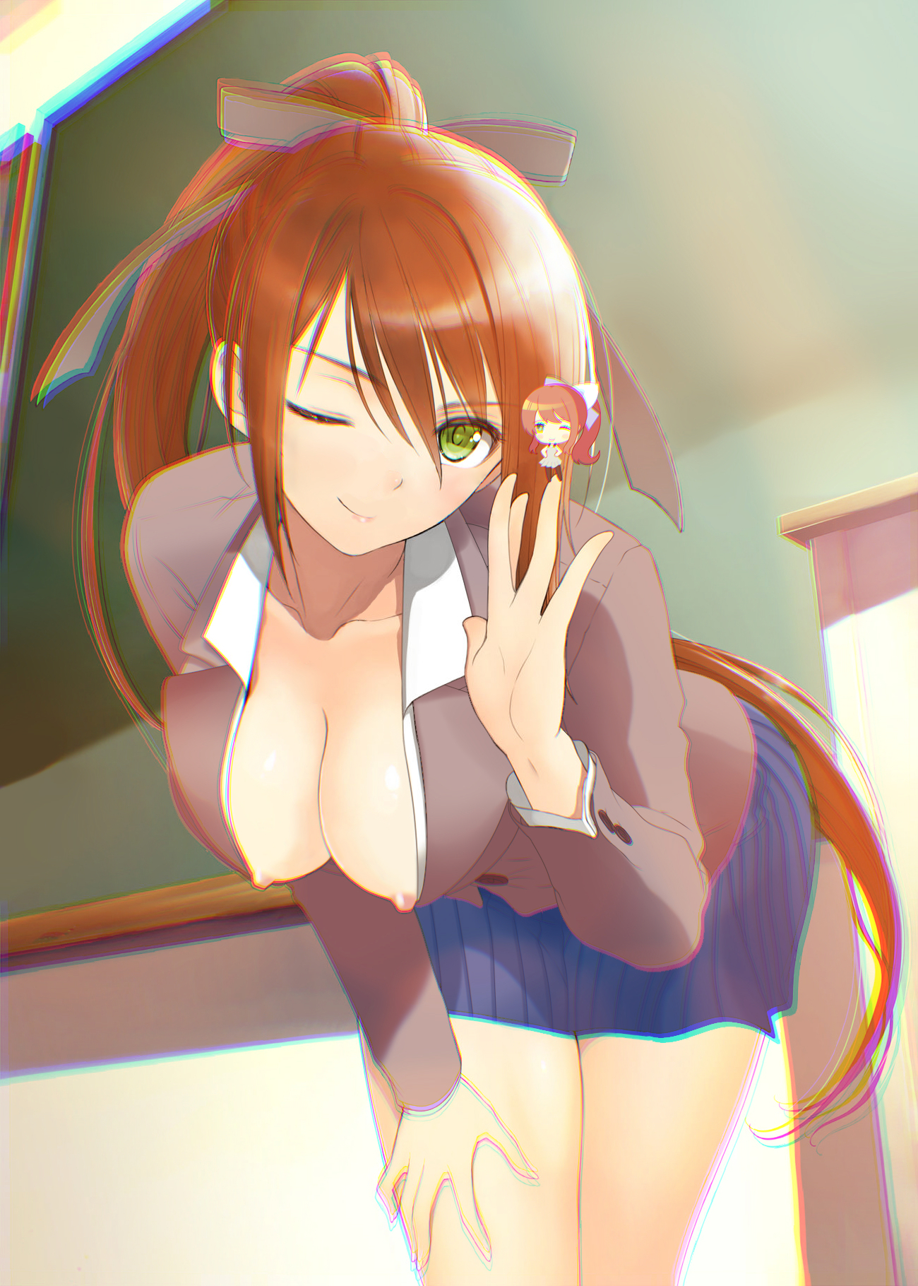  proxy , 1girls, blue skirt, breasts, brown hair, chibi, classroom, clothing, doki doki literature club, emerald eyes, exposed breasts, female, female only, green eyes, large breasts, legs together, long hair, looking at viewer, monika (doki doki literature club), nipple slip, nipples, no bra, ponytail, pov, school uniform, skirt, smile, solo, wink, winking at viewer