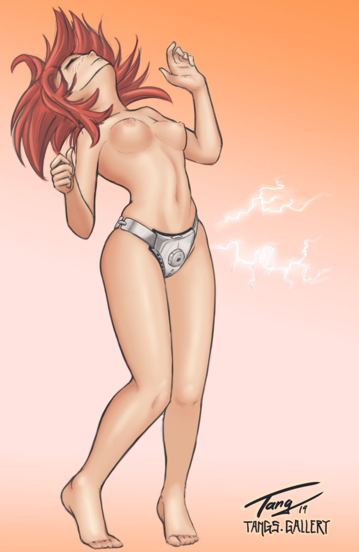 1girls bare_breasts belly character_request chastity chastity_belt closed_eyes electric_shock electricity electrostimulation female female_chastity female_only femsub floating medium_breasts nipples png red_hair solo tang