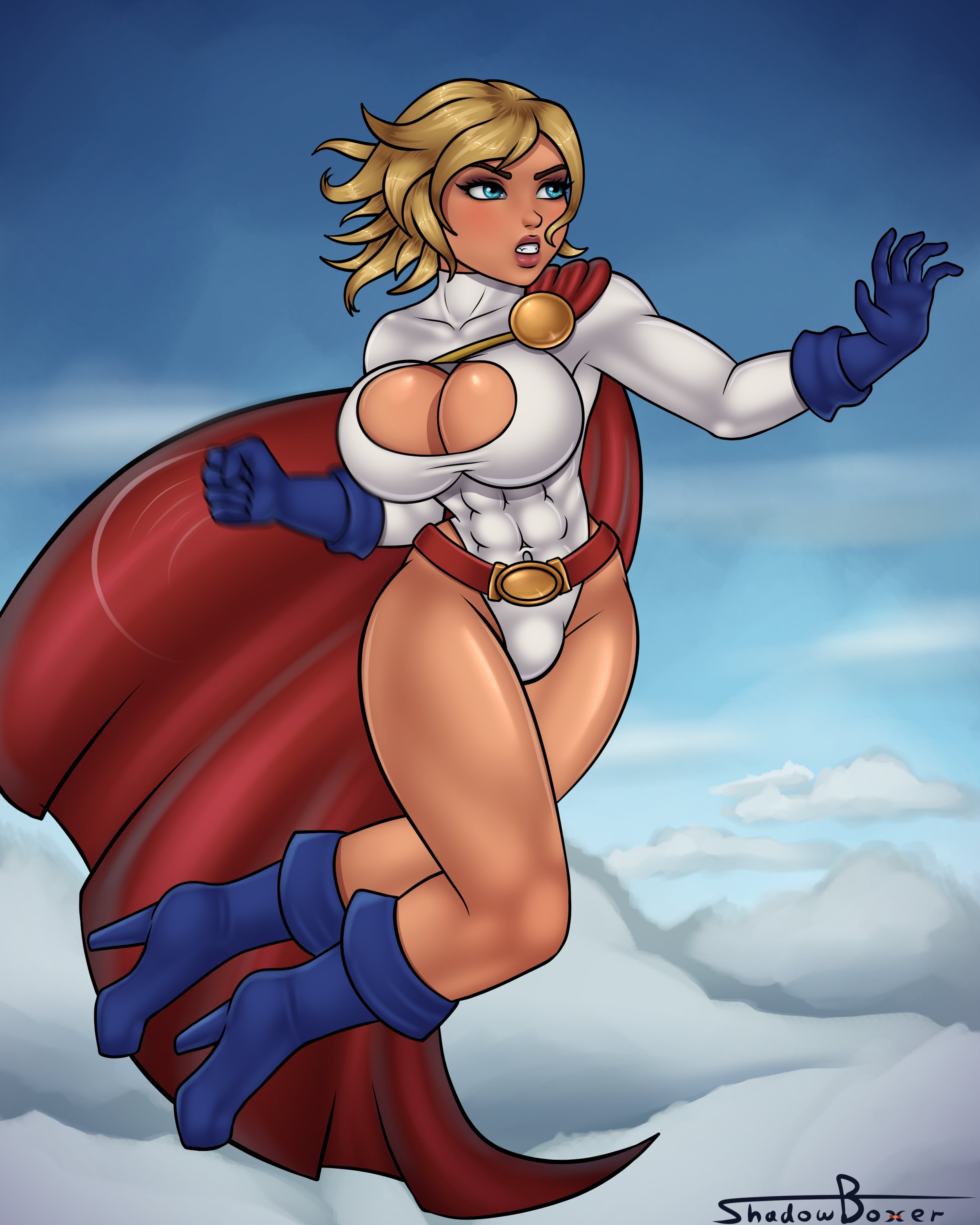 1futa, abs, absurdres, big breasts, breasts, bulge, cleavage, dc, dc comics, dickgirl, female, futa only, futanari, high heel boots, high heels, highres, intersex, karen starr, large breasts, power girl, shadowboxer, solo, solo futa, superman (series)