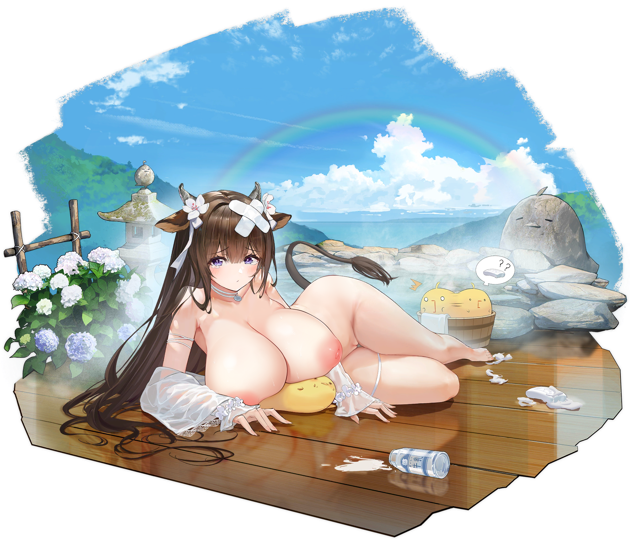 1girls, animal ears, azur lane, female, female only, horns, kashino (azur lane), kashino (hot springs relaxation) (azur lane), light skin, light-skinned female, manjuu (azur lane), naked, nipples, photoshop, pussy, sakura empire (azur lane), solo, tail, transparent png, uncensored, yyy (zelda10010)